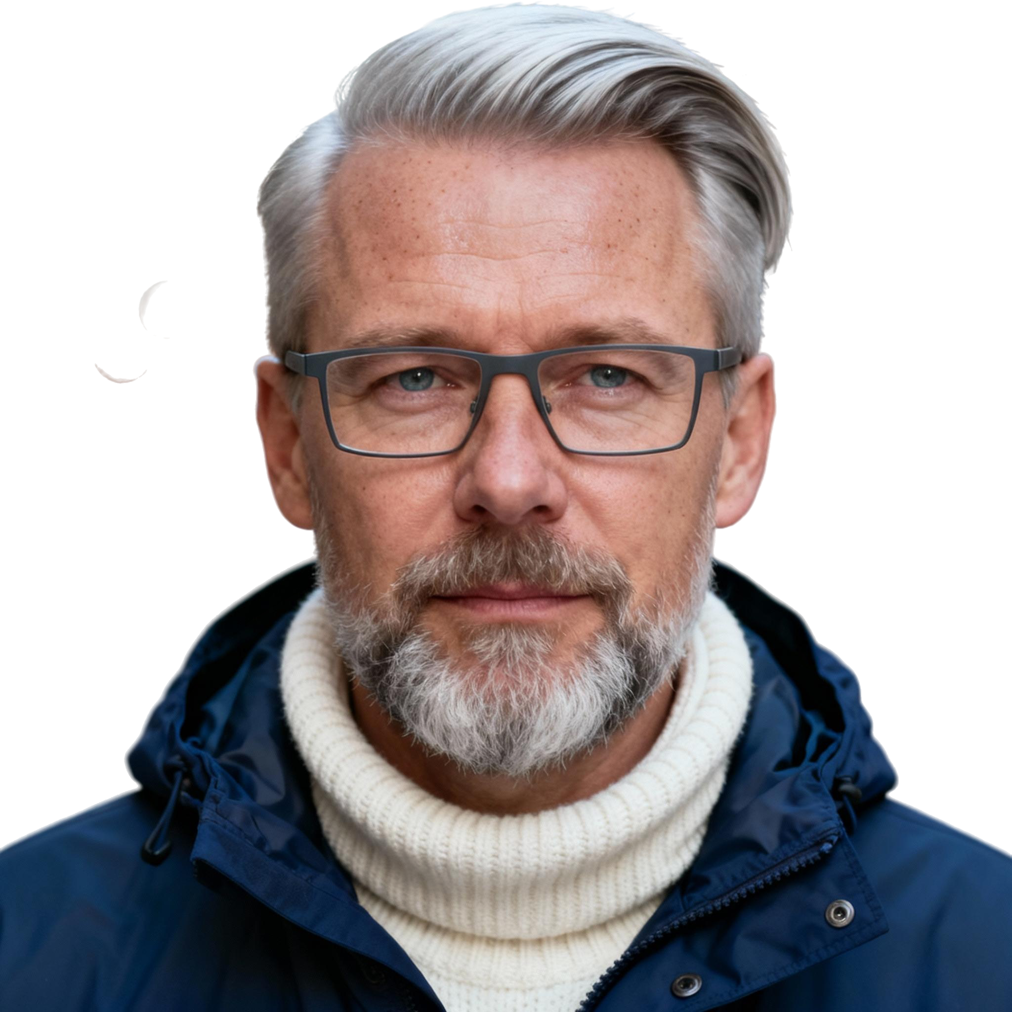 AI-generated portrait of a middle-aged man with short gray hair and a beard, wearing glasses and layered outerwear, posed with a calm expression against a transparent background in soft daylight.