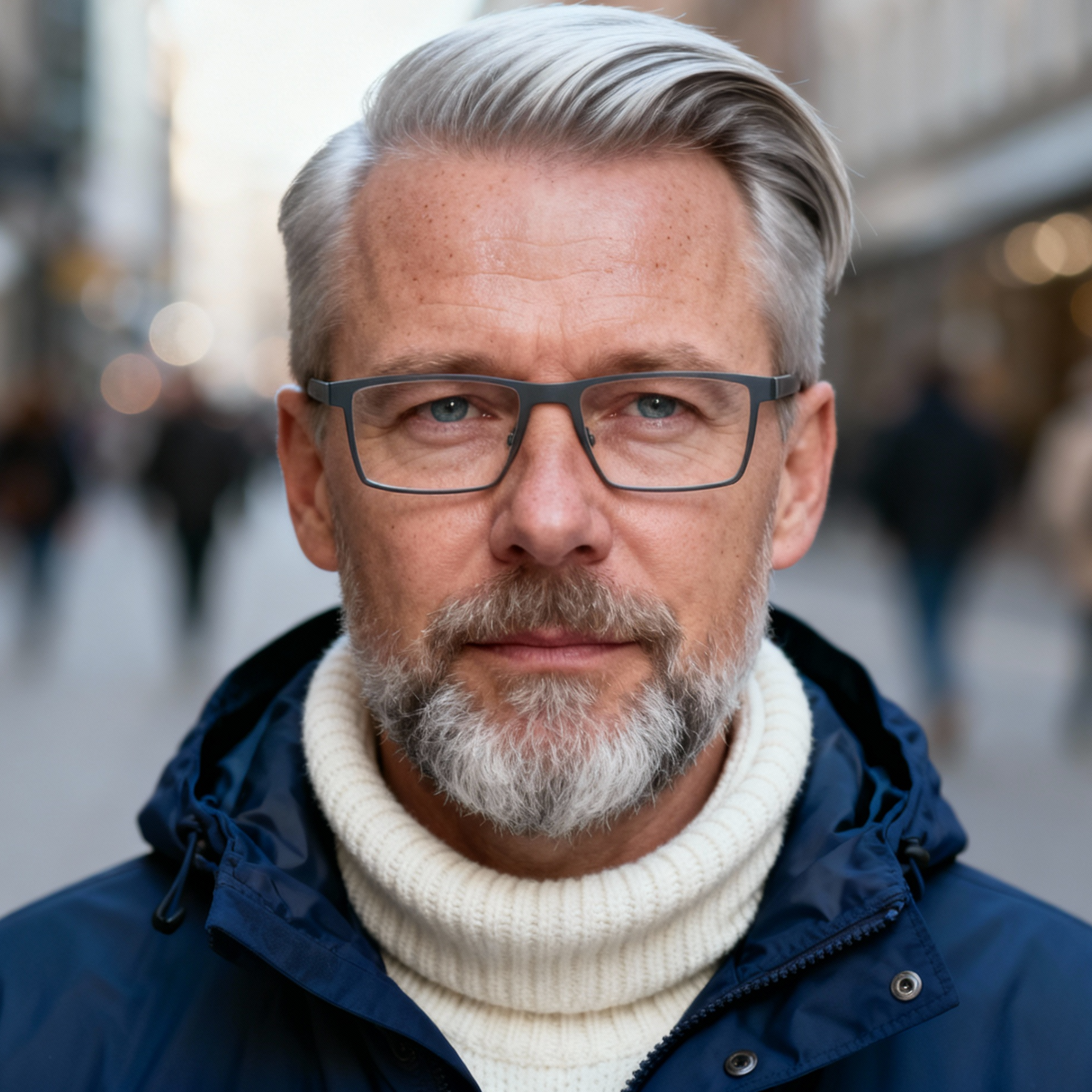 AI-generated portrait of a middle-aged man with short gray hair and a beard, wearing glasses and layered outerwear, posed with a calm expression against a city street background in soft daylight.
