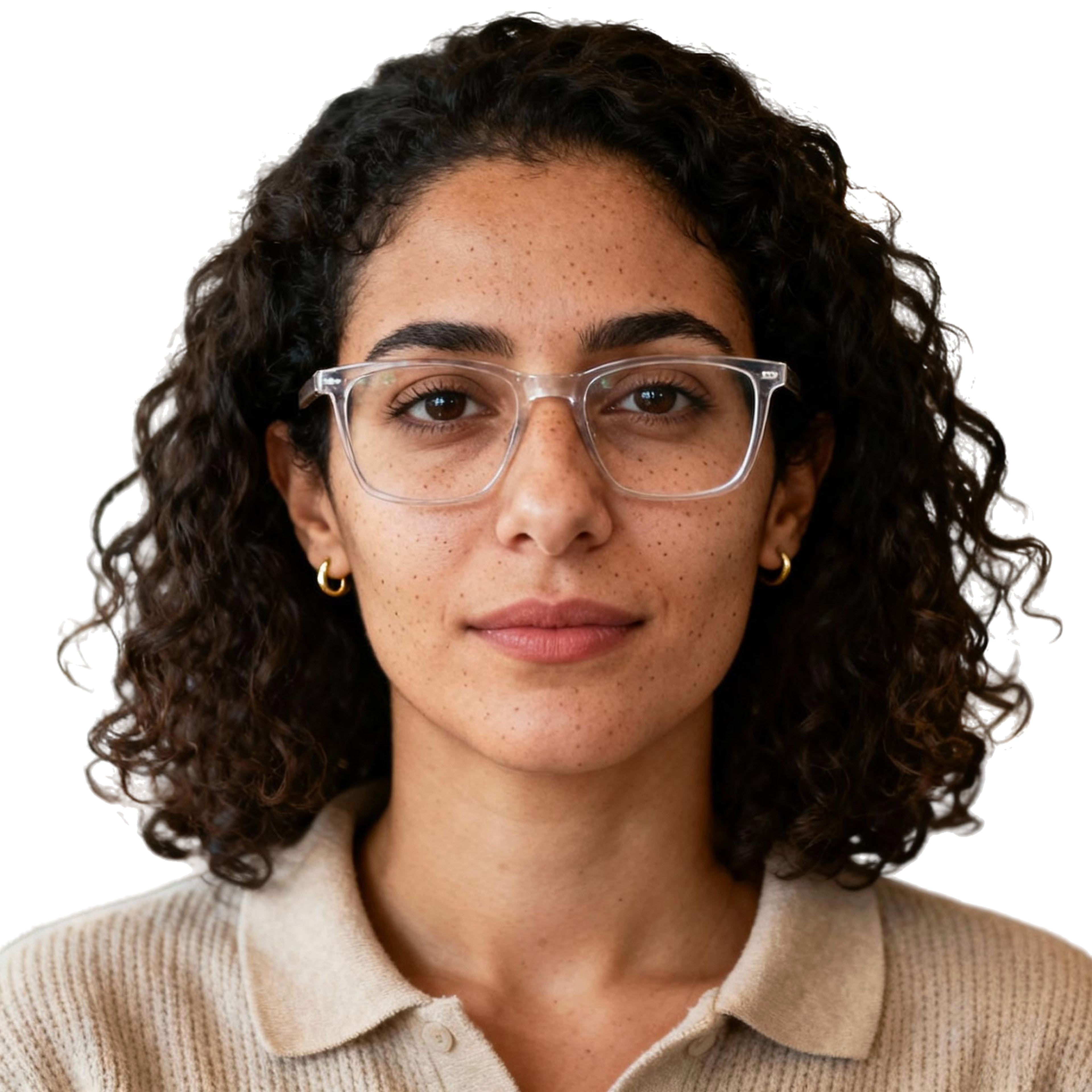AI-generated portrait of a young woman with curly hair and glasses, wearing a knit top, posed with a neutral expression against a transparent background in warm light.
