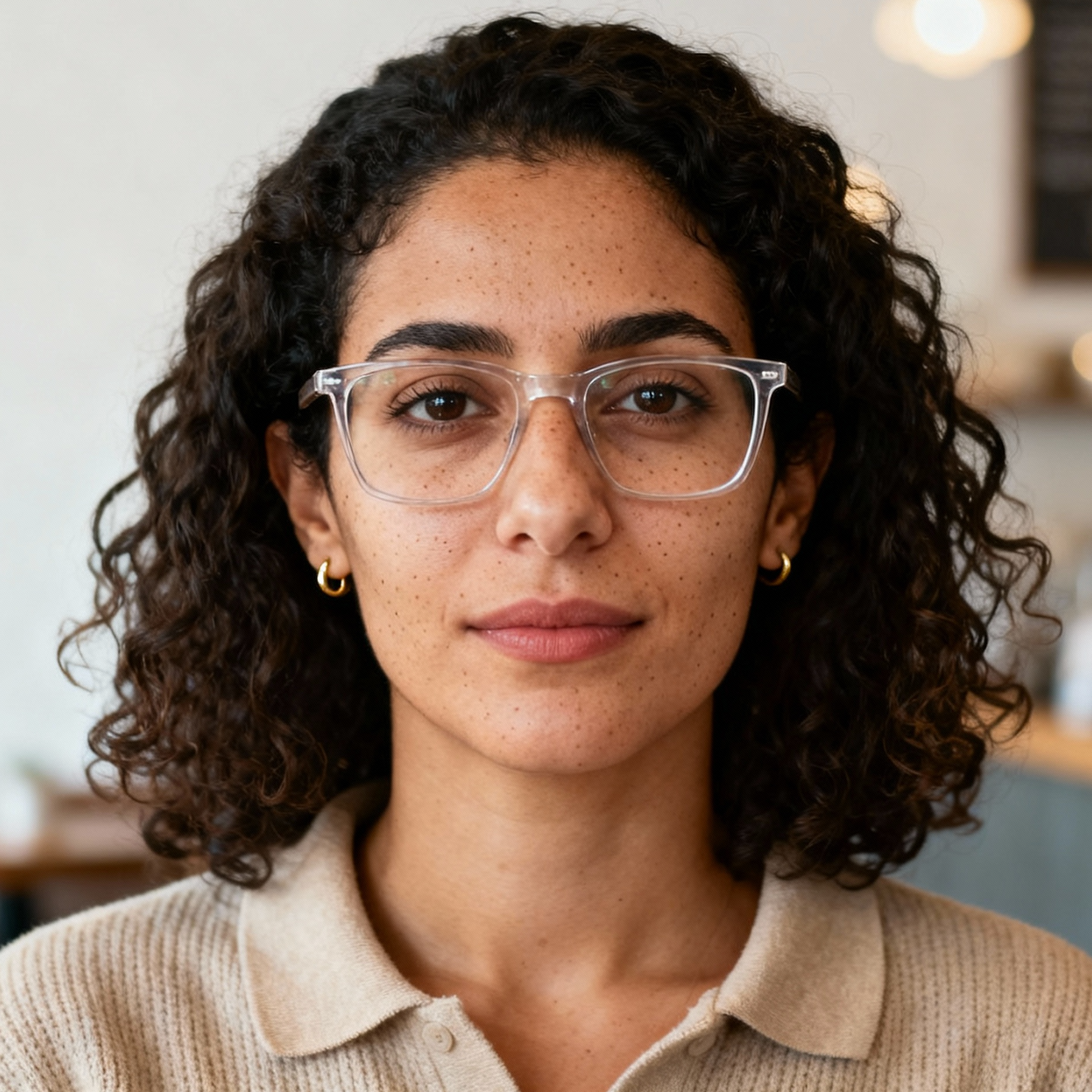 AI-generated portrait of a young woman with curly hair and glasses, wearing a knit top, posed with a neutral expression against a café-style background in warm light.