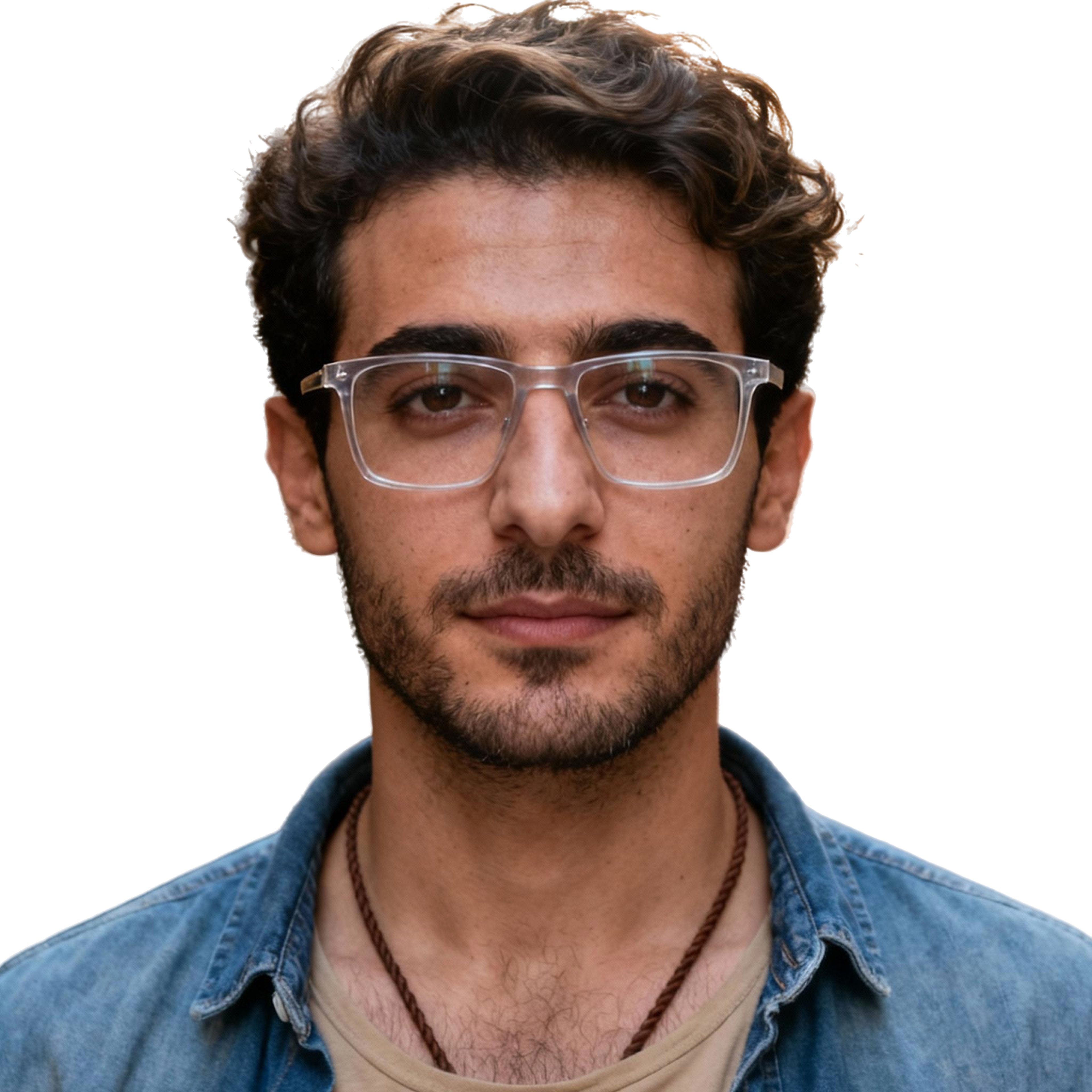 AI-generated portrait of a young man with wavy hair and light facial hair, wearing glasses and a casual shirt, posed with a relaxed expression against a transparent background in soft daylight.