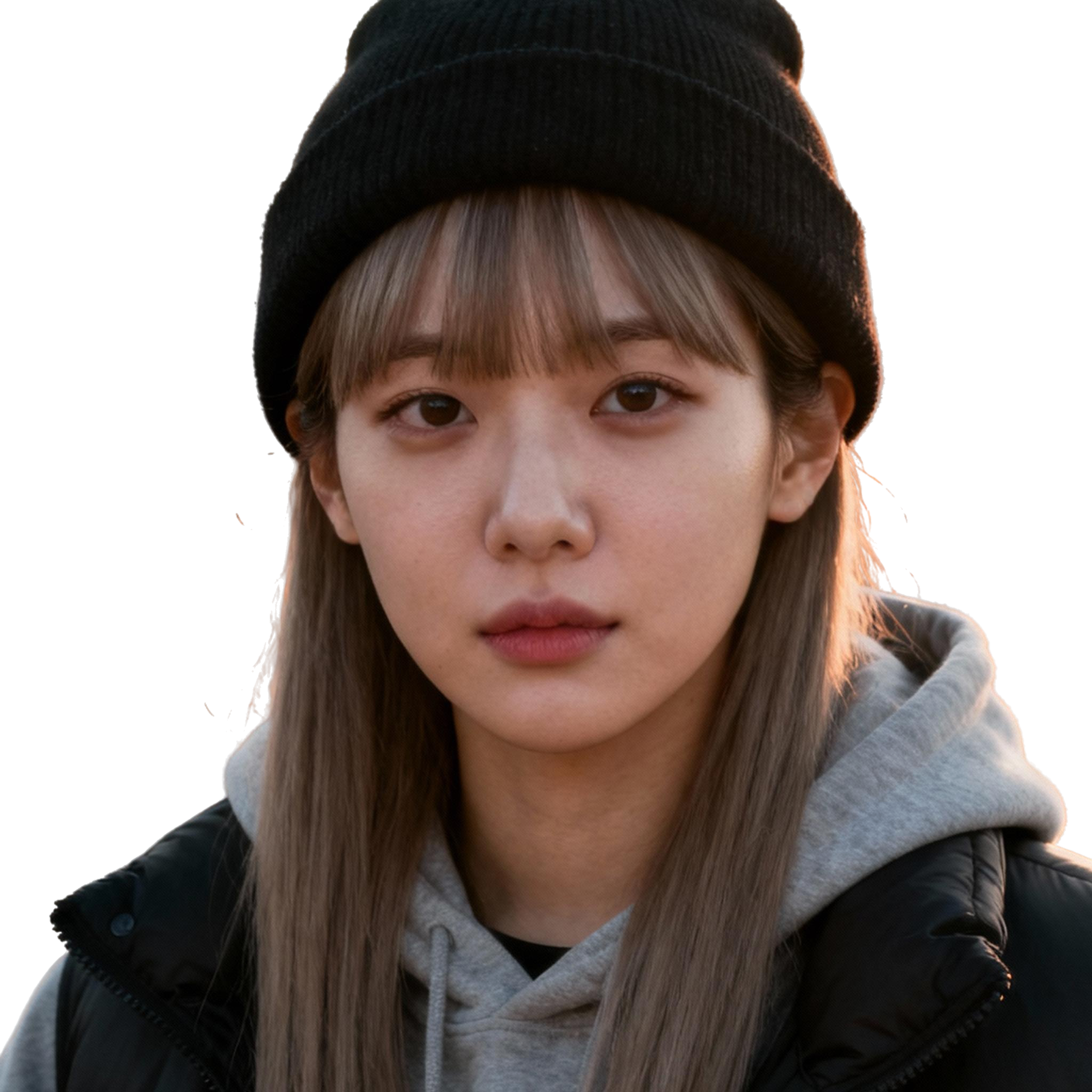 AI-generated portrait of a young woman with straight hair and bangs, wearing a beanie and layered jacket, posed with a neutral expression against a transparent background in warm light.