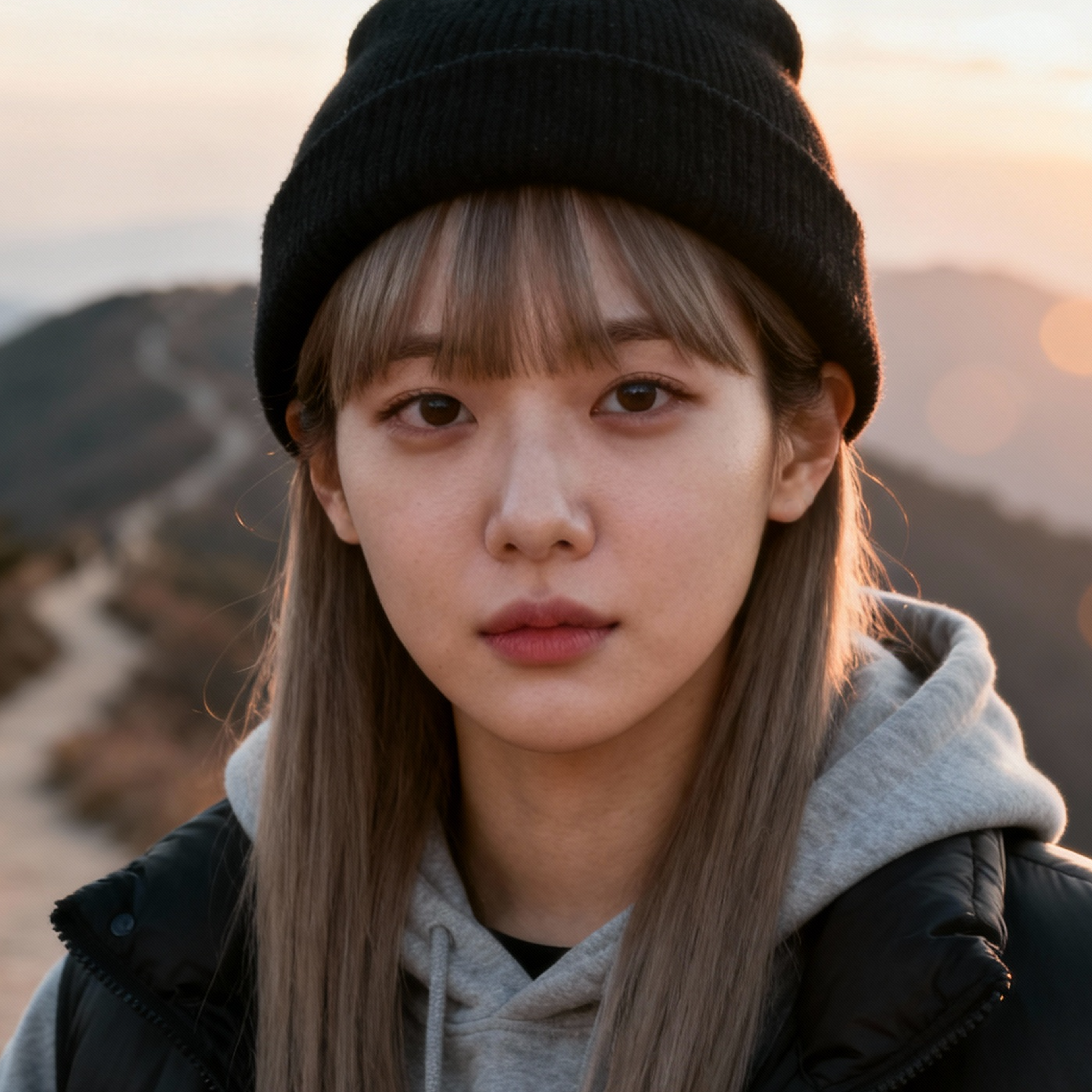 AI-generated portrait of a young woman with straight hair and bangs, wearing a beanie and layered jacket, posed with a neutral expression against an outdoor landscape background in warm light.
