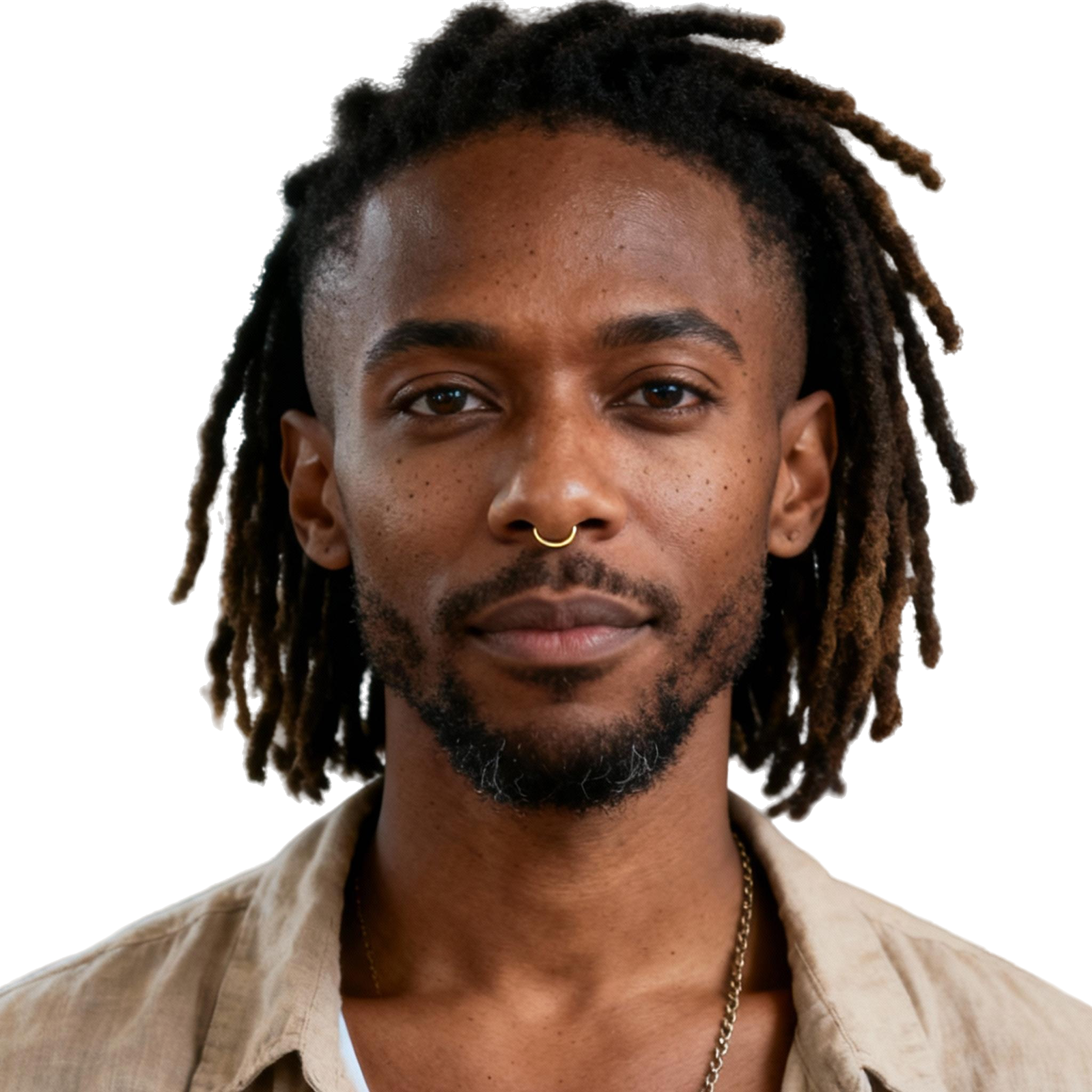AI-generated portrait of a young man with medium-length locs and facial hair, wearing a casual open shirt, posed with a calm expression against a transparent background in natural light.