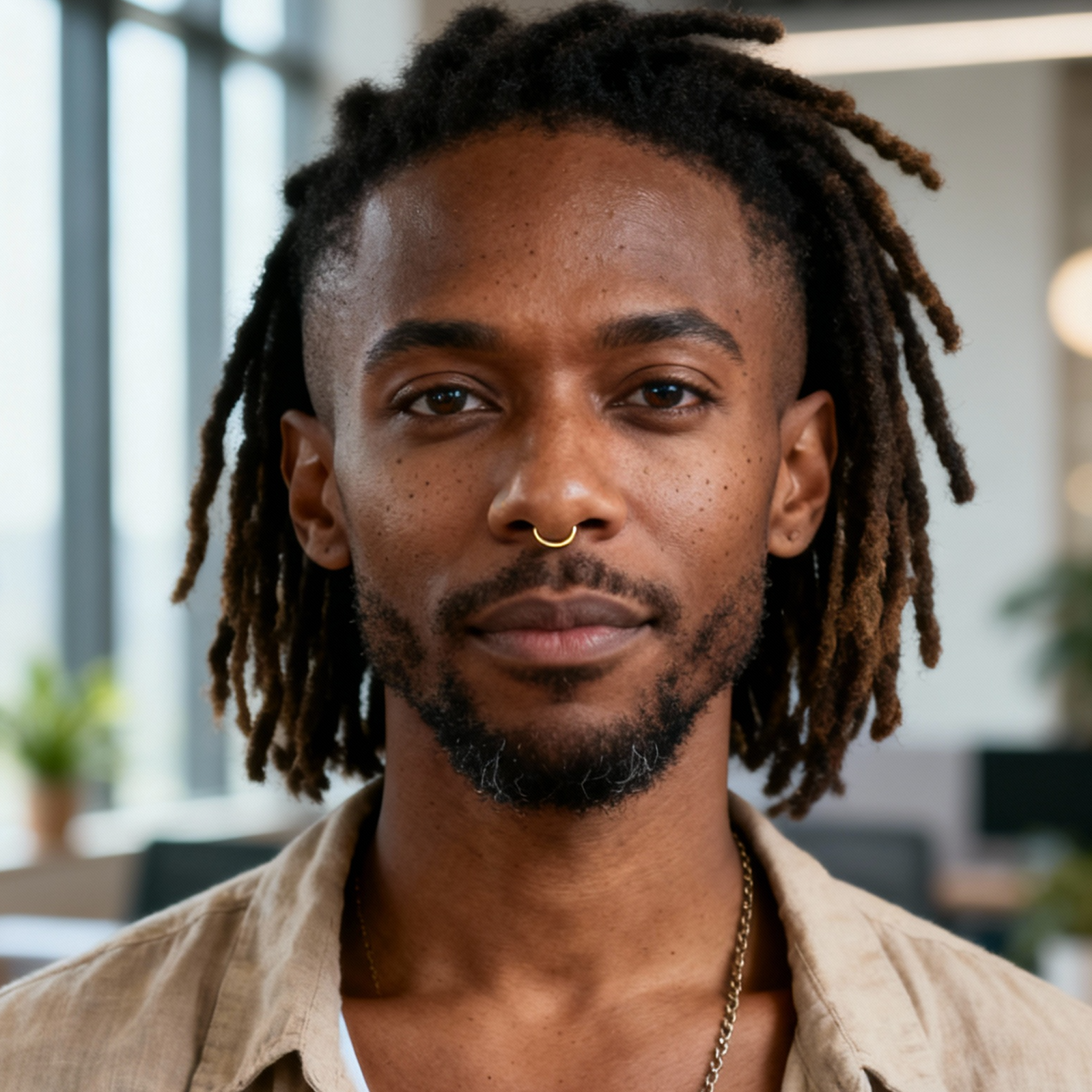 AI-generated portrait of a young man with medium-length locs and facial hair, wearing a casual open shirt, posed with a calm expression against an indoor workspace background in natural light.