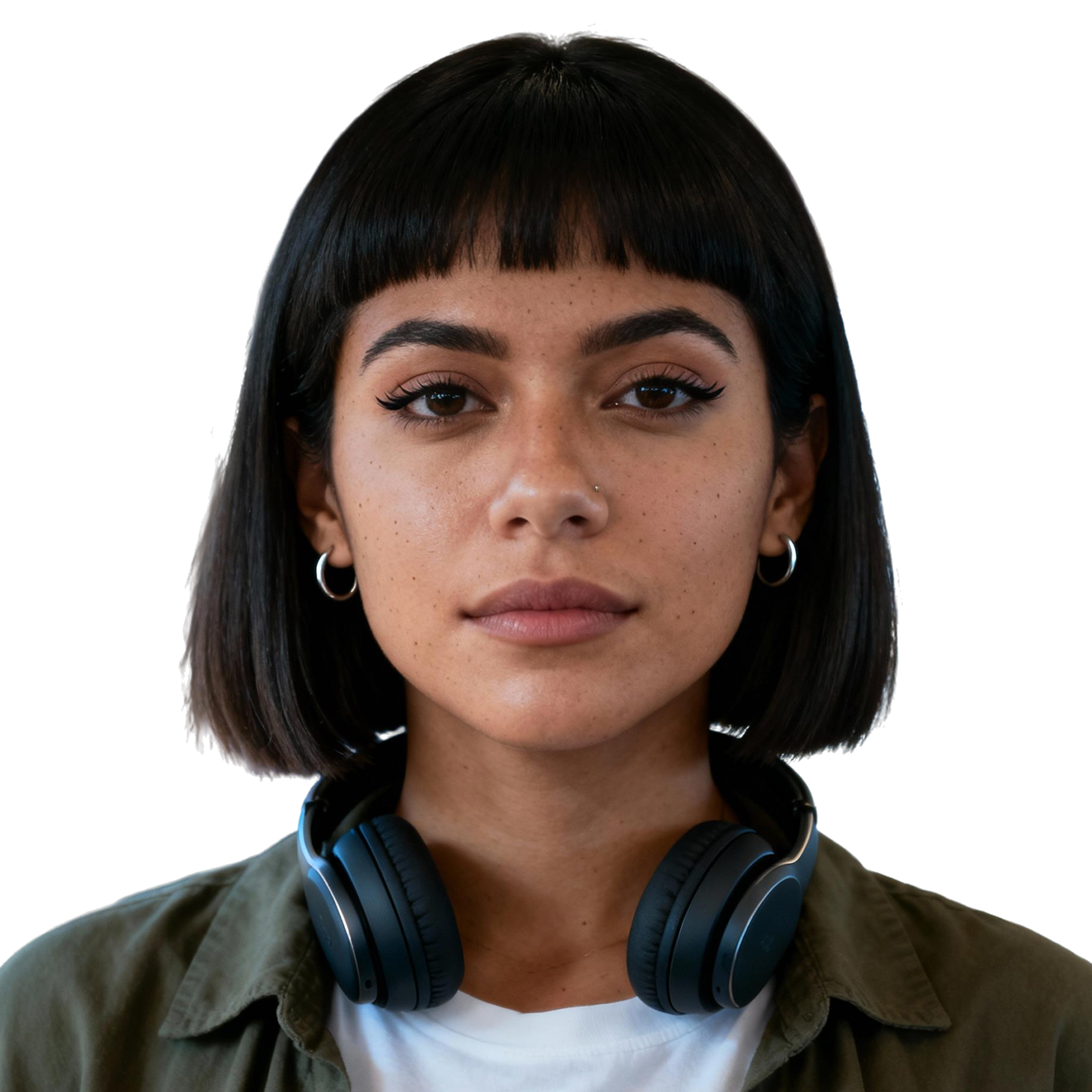 AI-generated portrait of a young woman with a straight bob haircut, wearing headphones and a casual jacket, posed with a neutral expression against a transparent background in cool light.