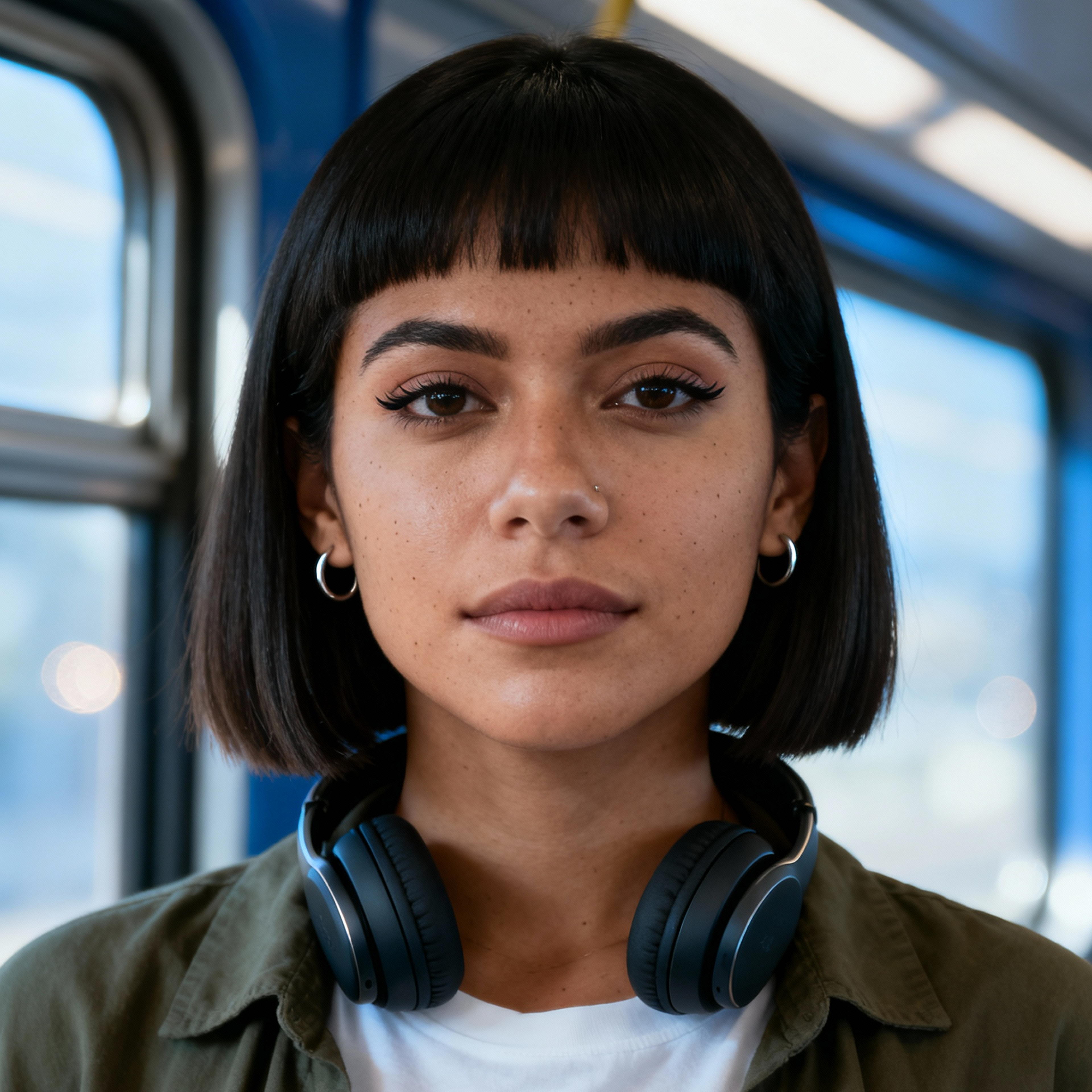 AI-generated portrait of a young woman with a straight bob haircut, wearing headphones and a casual jacket, posed with a neutral expression against a public transit interior background in cool light.