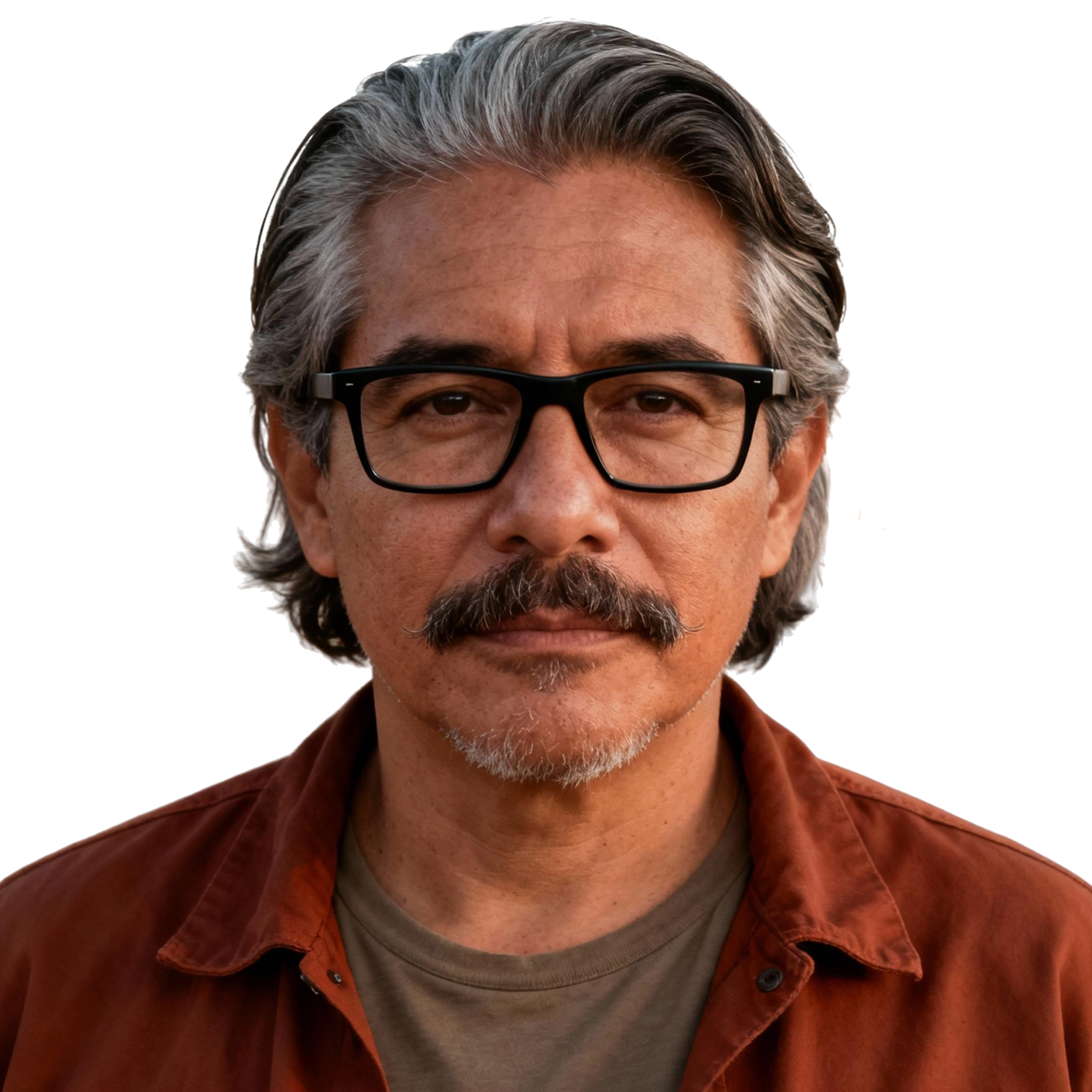 AI-generated portrait of a middle-aged man with swept-back hair and a mustache, wearing glasses and a casual jacket, posed with a calm expression against a transparent background in warm light.