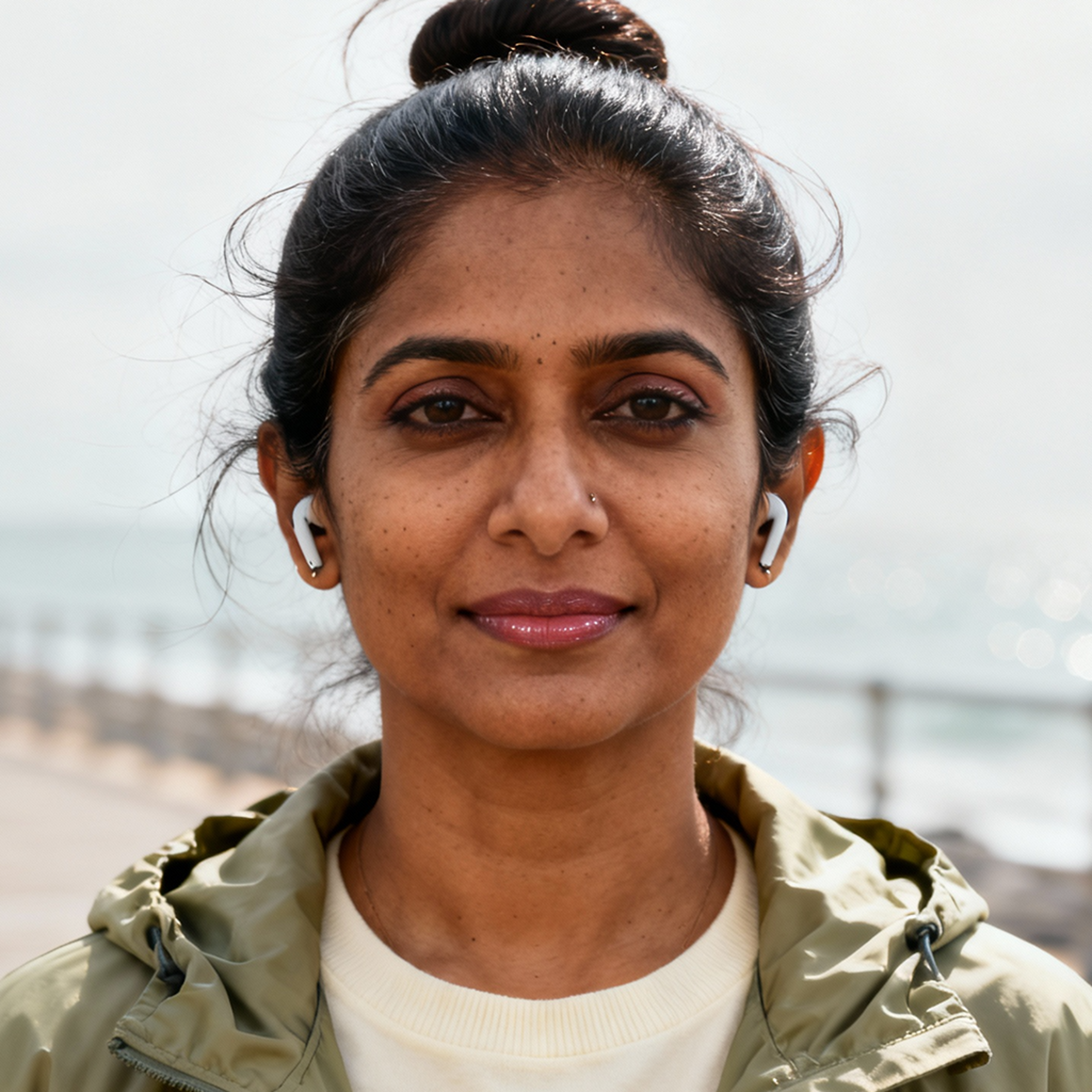 AI-generated portrait of a middle-aged woman with hair tied back, wearing earbuds and a lightweight jacket, posed with a gentle expression against a seaside background in soft light.
