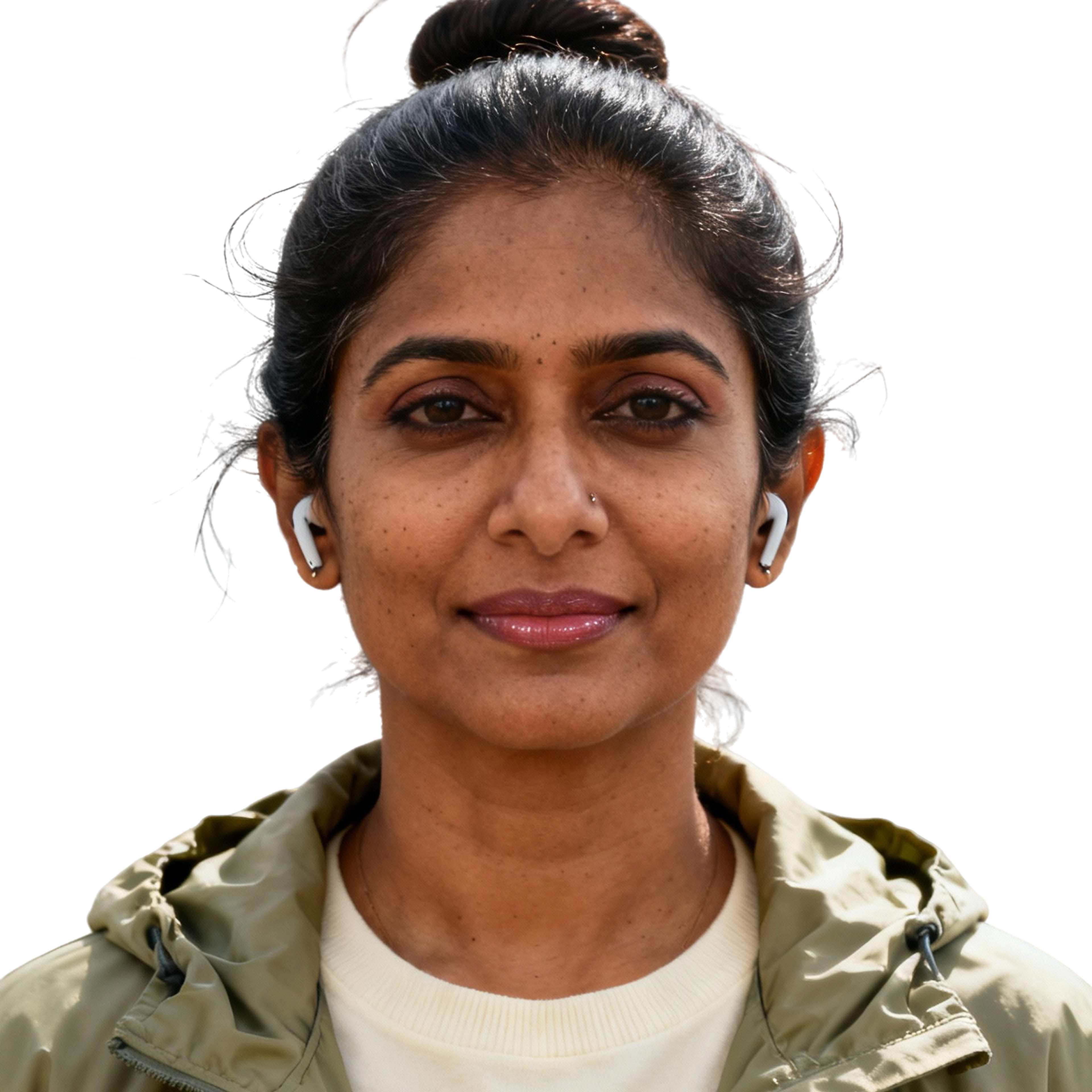 AI-generated portrait of a middle-aged woman with hair tied back, wearing earbuds and a lightweight jacket, posed with a gentle expression against a transparent background in soft light.