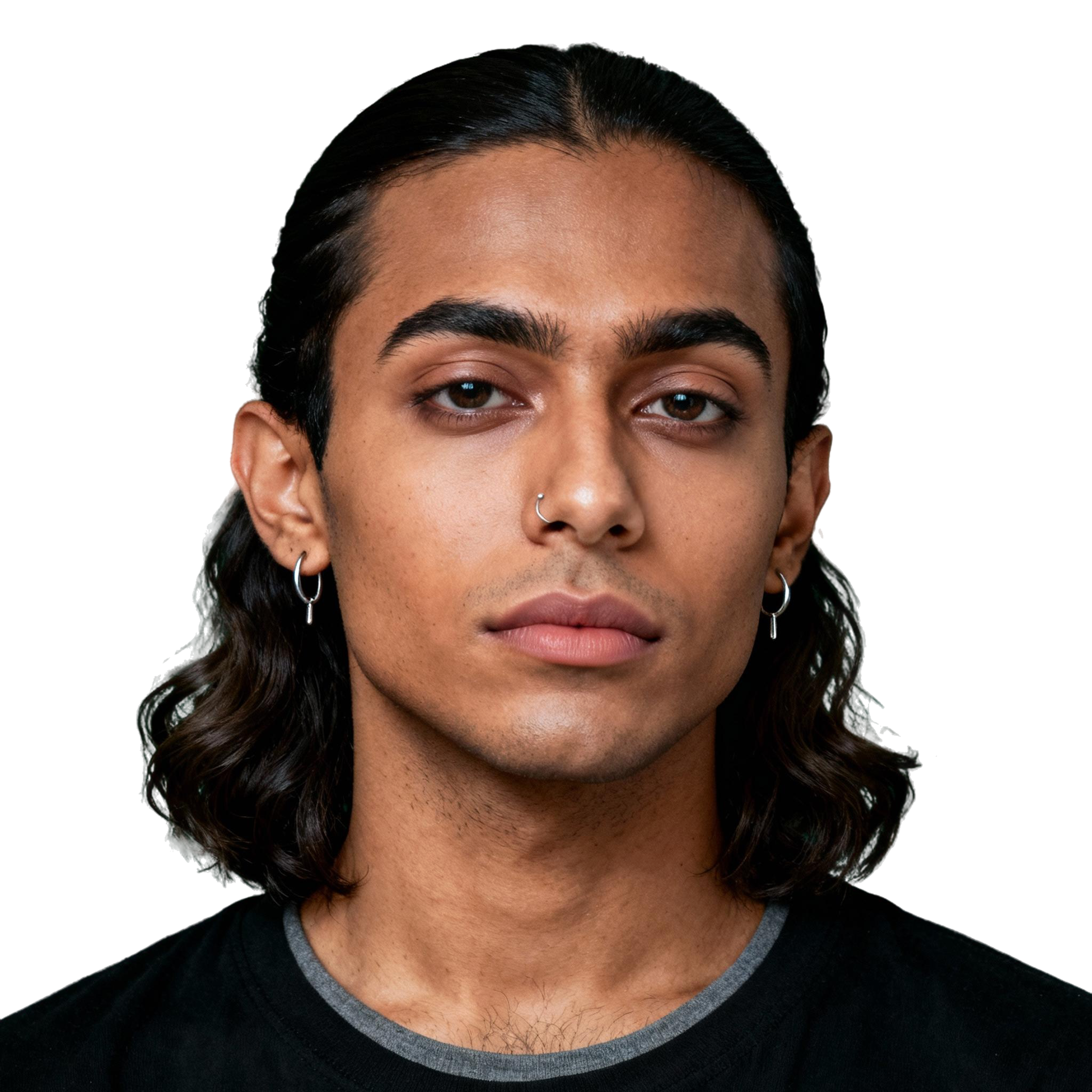 AI-generated portrait of a young person with shoulder-length dark hair and earrings, wearing a dark t-shirt, posed with a neutral expression against a transparent background in balanced light.