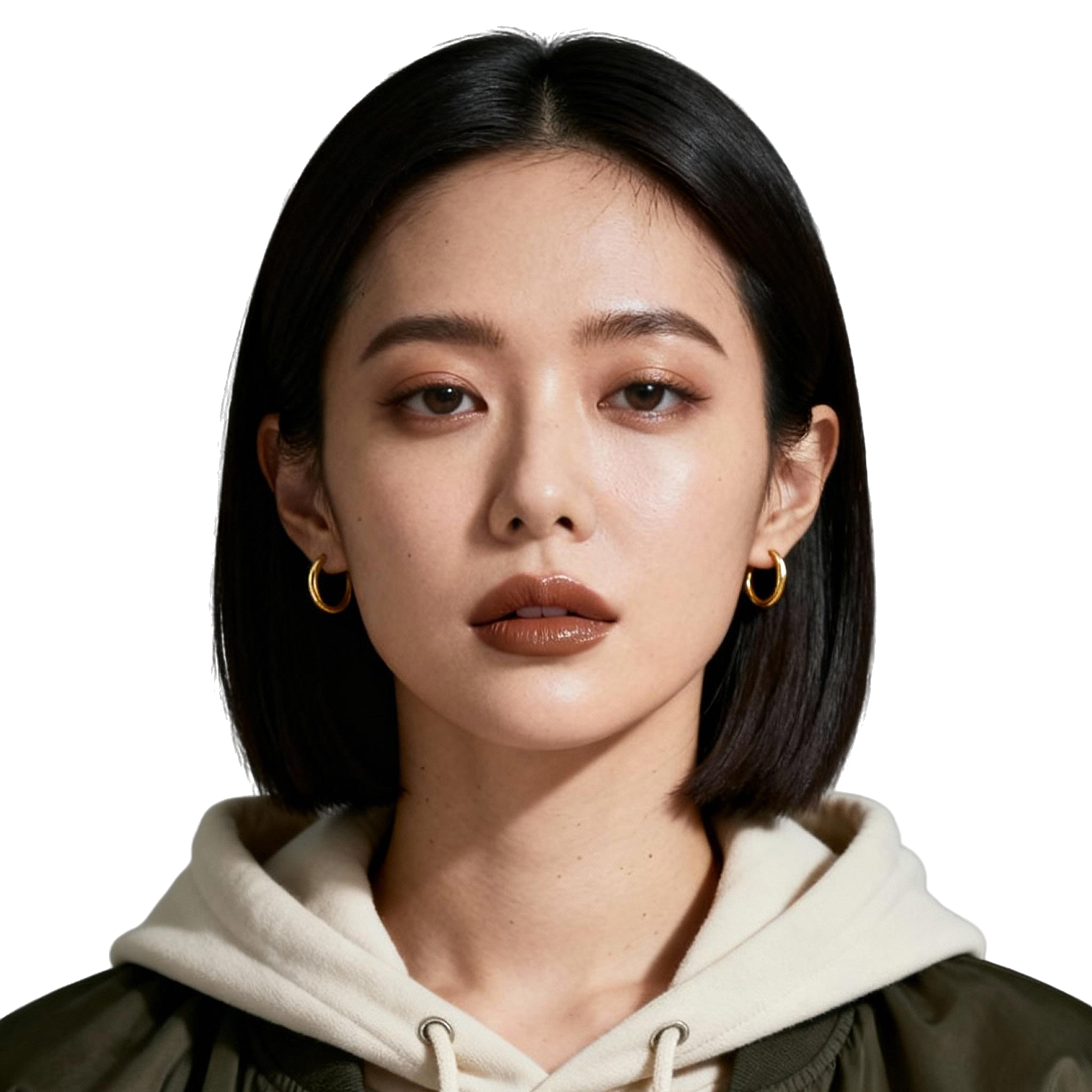 AI-generated portrait of a young woman with a straight chin-length bob and hoop earrings, wearing a hoodie layered under a jacket, posed with a neutral expression against a transparent background in soft light.