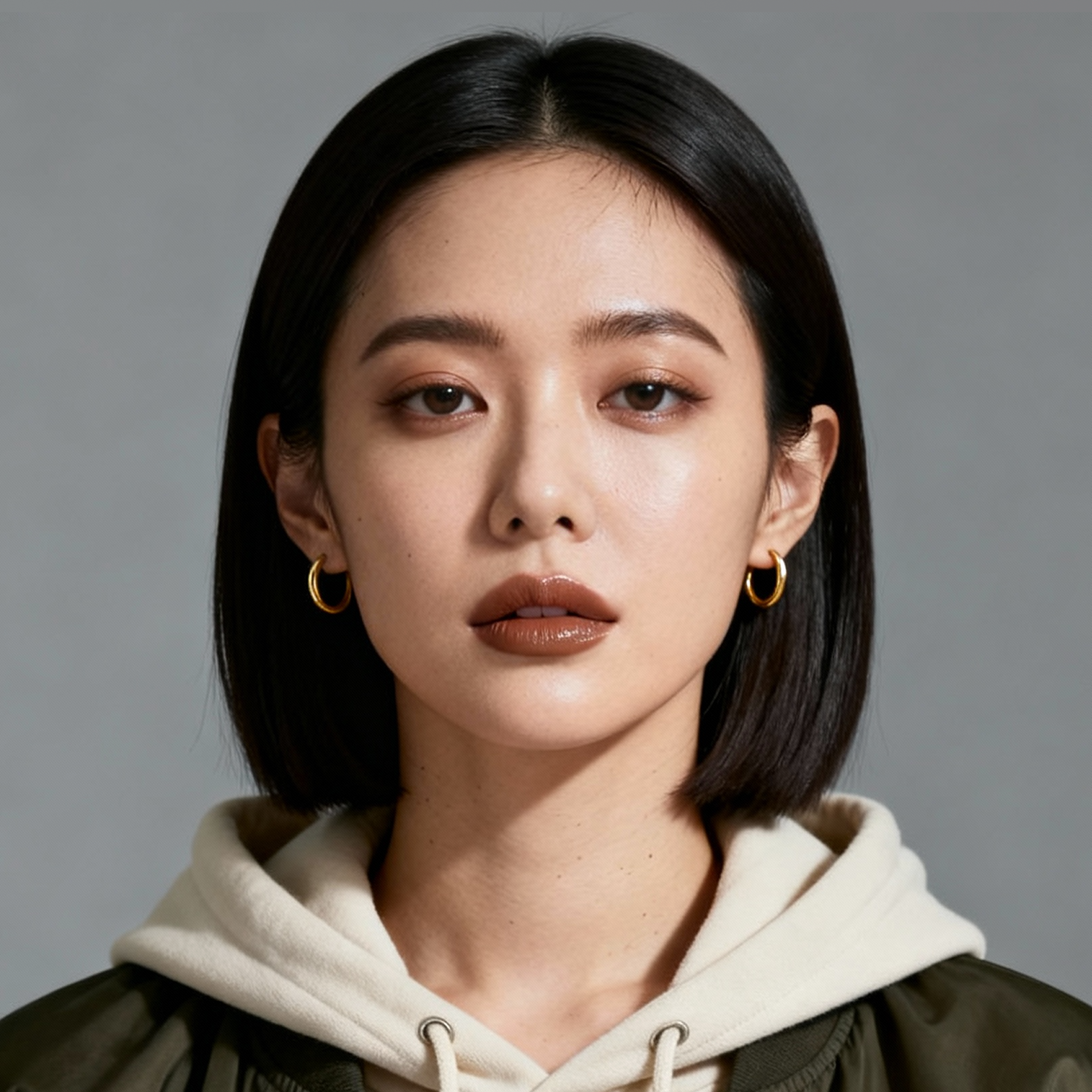 AI-generated portrait of a young woman with a straight chin-length bob and hoop earrings, wearing a hoodie layered under a jacket, posed with a neutral expression against a gray background in soft light.