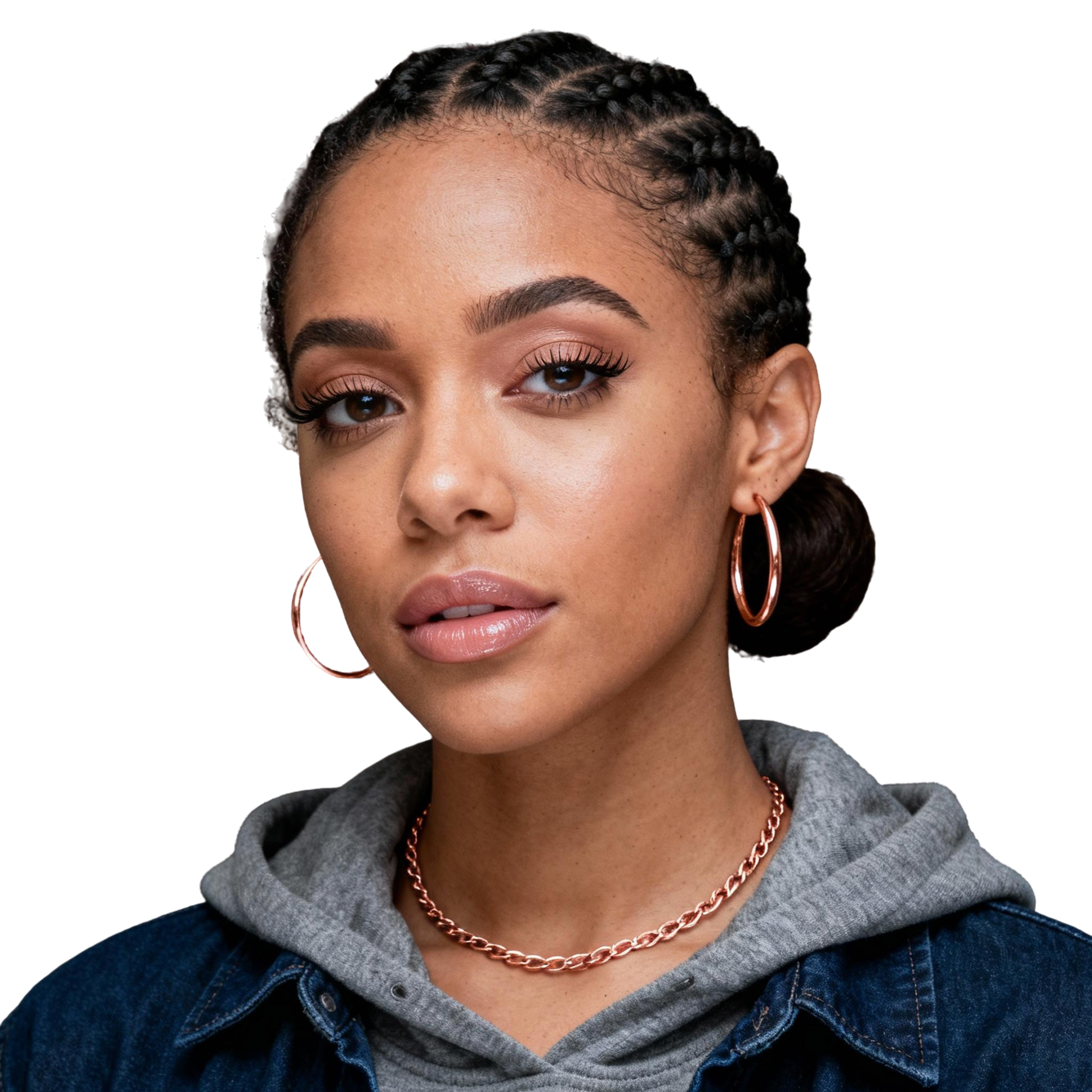 AI-generated portrait of a young woman with braided hair pulled back and large hoop earrings, wearing a hoodie and denim jacket, posed with a composed expression against a transparent background in soft light.
