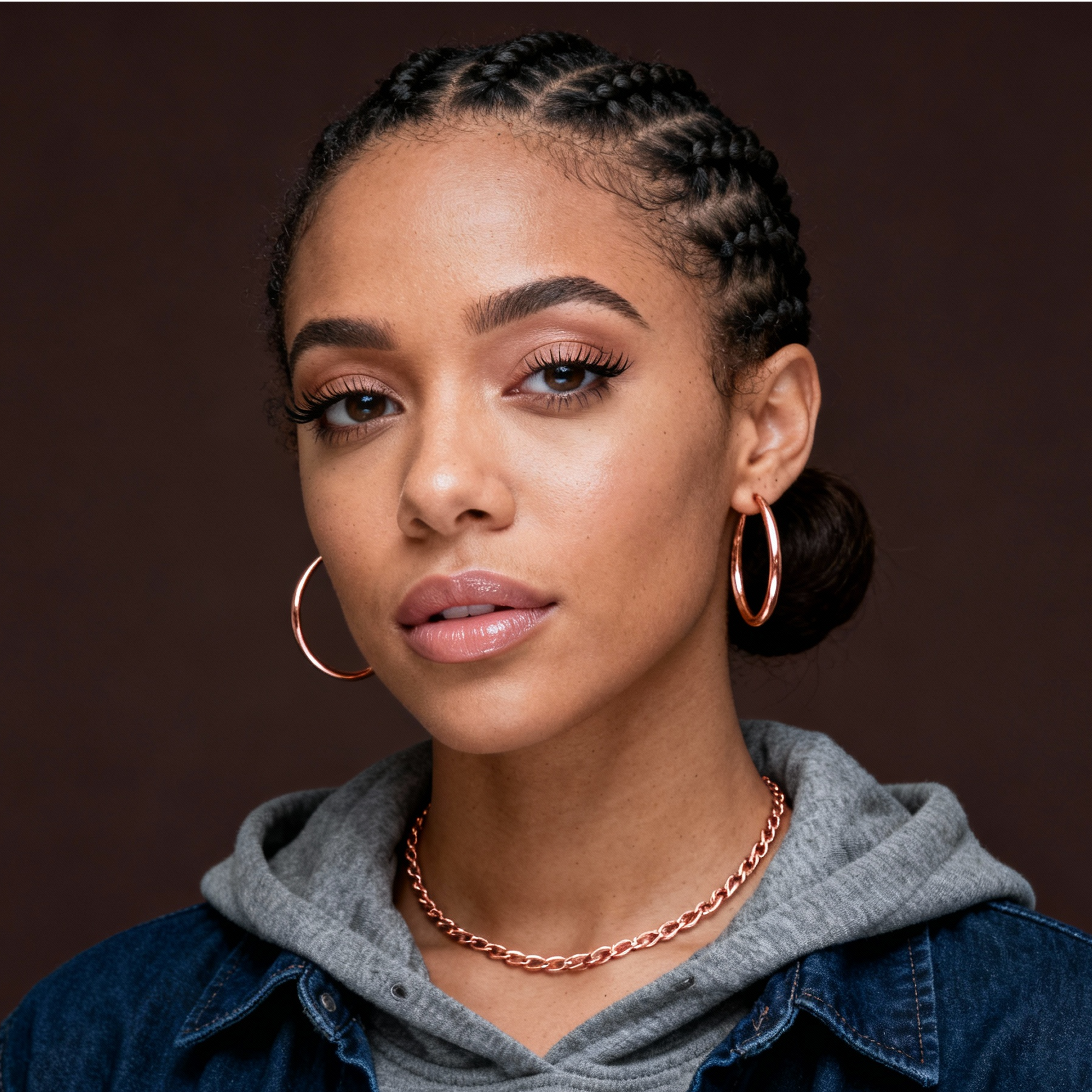 AI-generated portrait of a young woman with braided hair pulled back and large hoop earrings, wearing a hoodie and denim jacket, posed with a composed expression against a warm dark background in soft light.