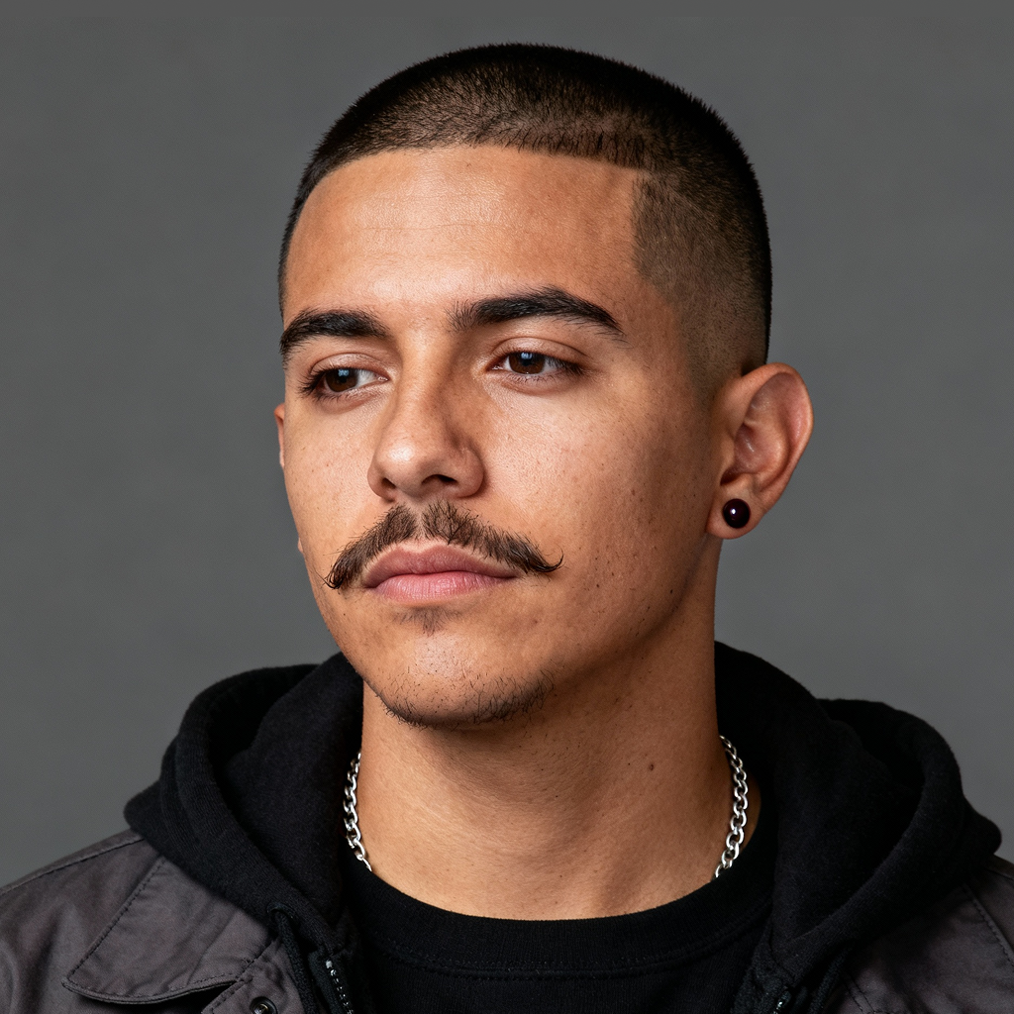 AI-generated portrait of a young man with closely shaved hair and a thin mustache, wearing a dark hoodie and chain necklace, posed with a neutral expression against a gray background in balanced light.