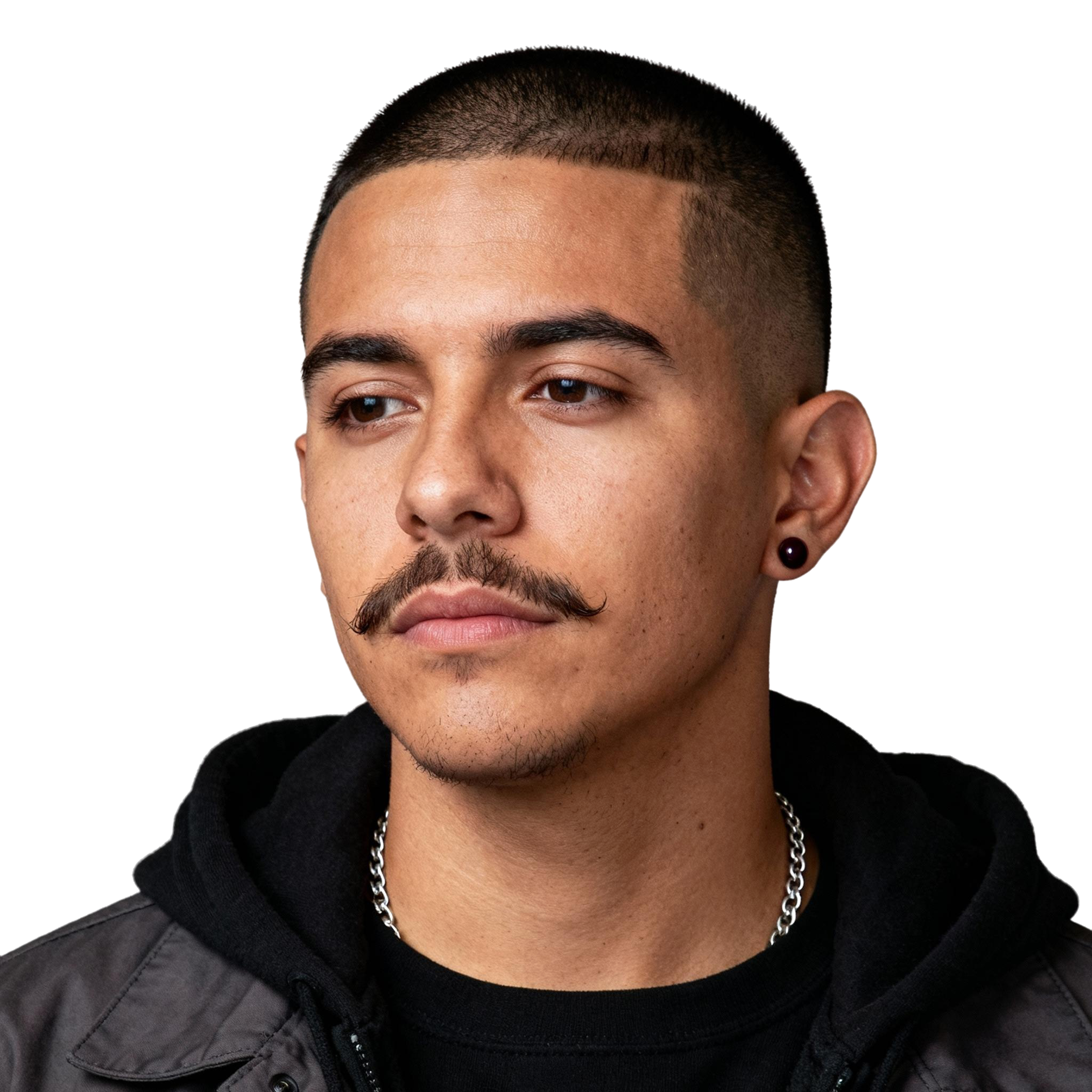 AI-generated portrait of a young man with closely shaved hair and a thin mustache, wearing a dark hoodie and chain necklace, posed with a neutral expression against a transparent background in balanced light.