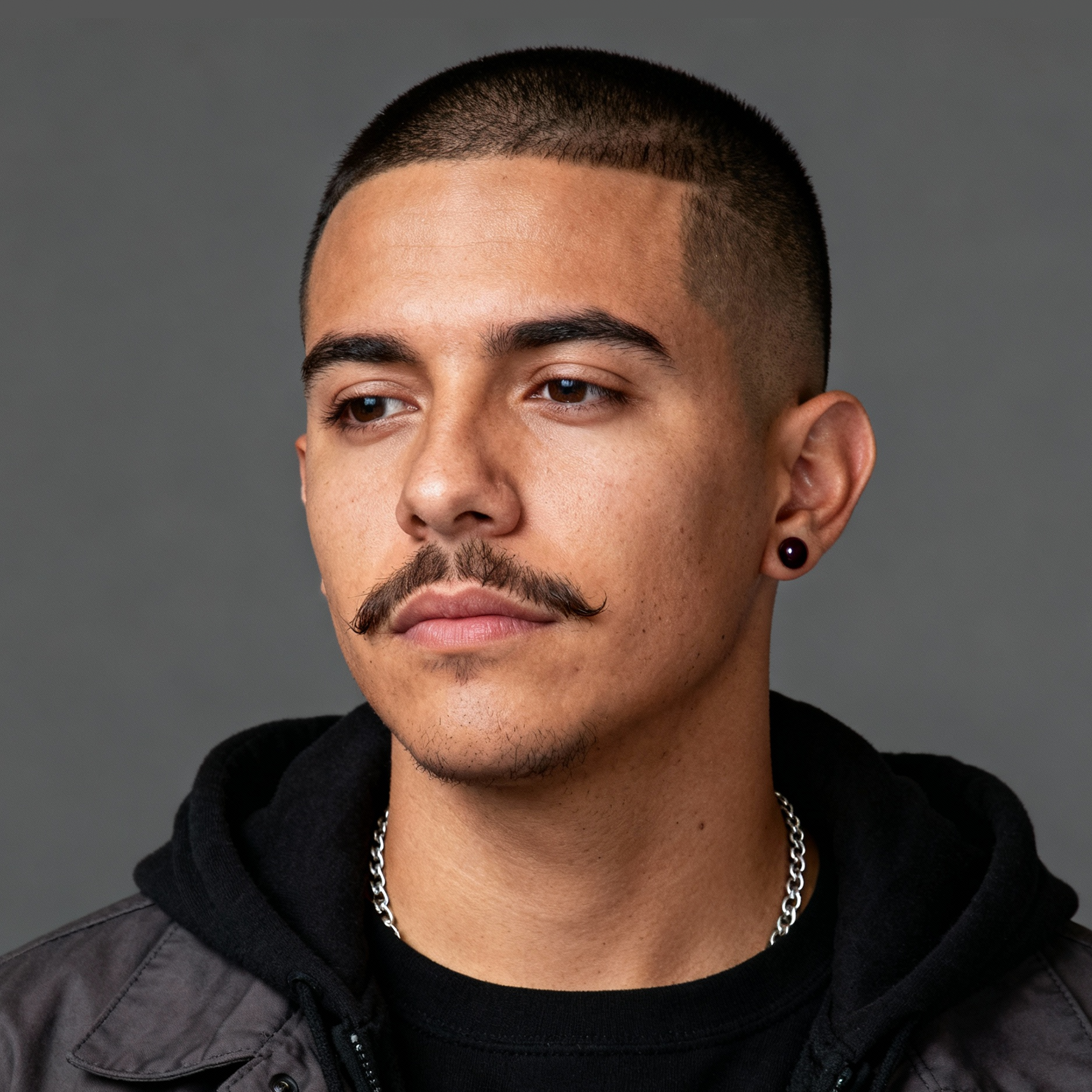 AI-generated portrait of a young man with closely shaved hair and a thin mustache, wearing a dark hoodie and chain necklace, posed with a neutral expression against a gray background in balanced light.