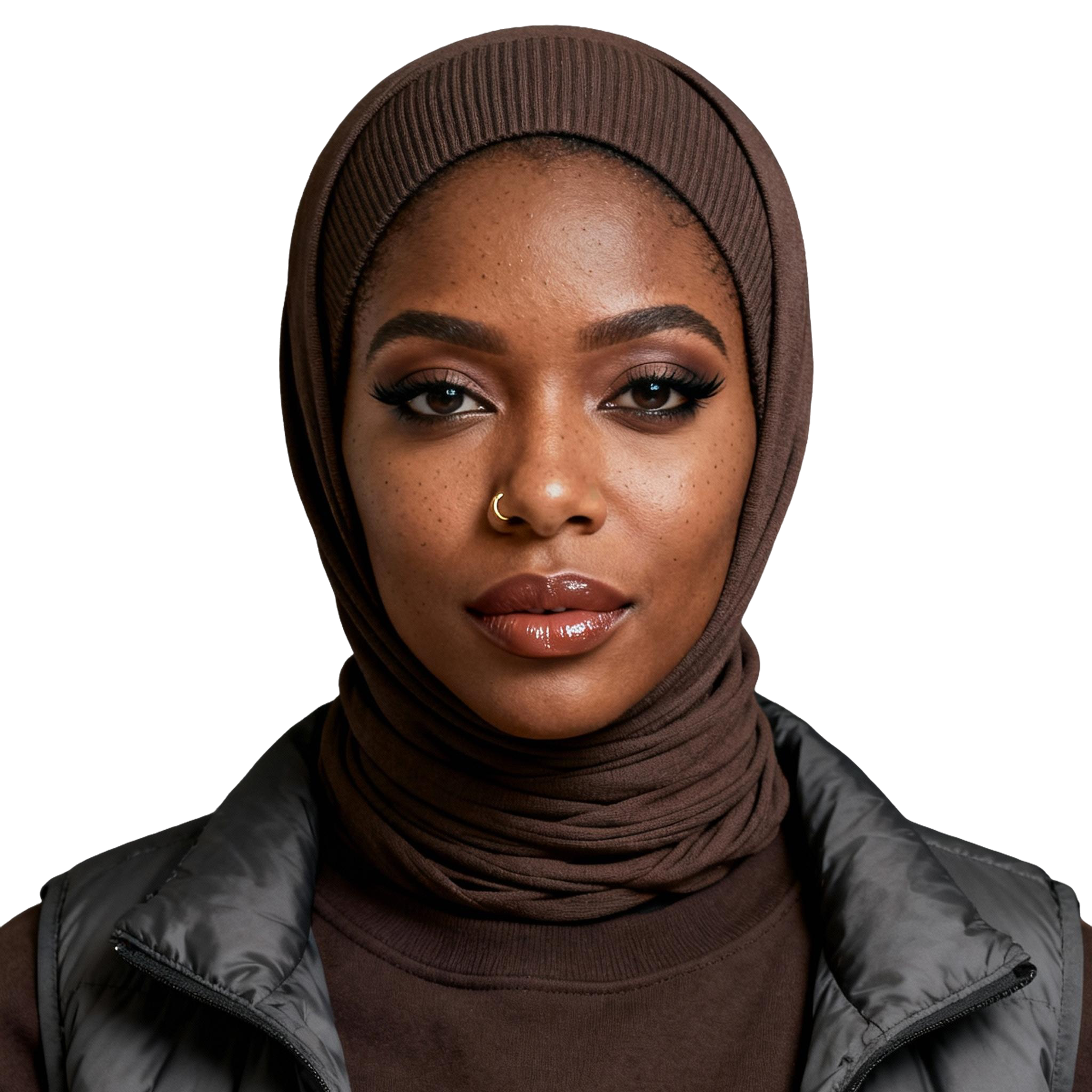 AI-generated portrait of a young woman wearing a fitted headscarf and layered streetwear vest, posed with a calm expression against a transparent background in soft light.