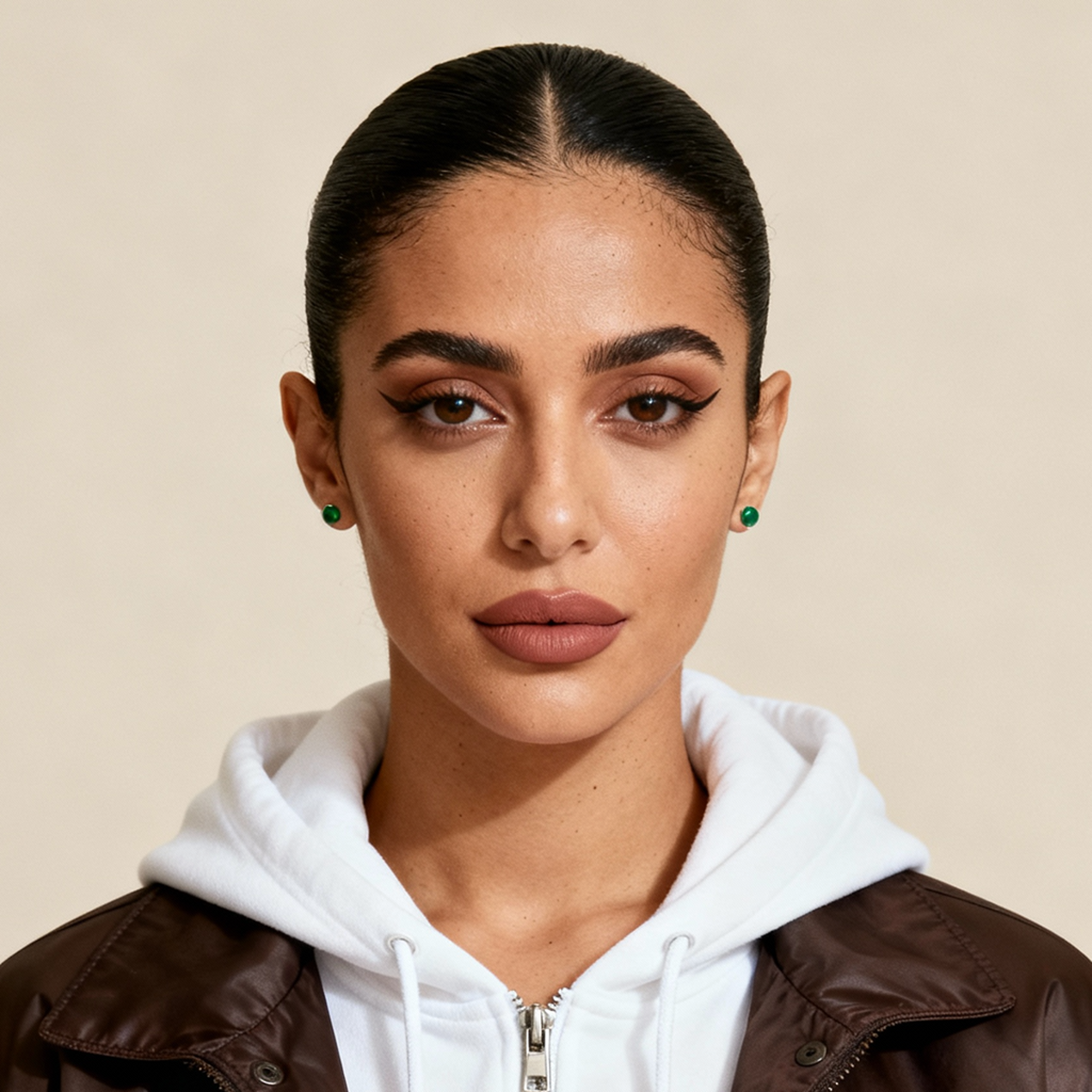 AI-generated portrait of a young woman with hair pulled back, wearing a white hoodie under a leather jacket, posed with a composed expression against a light beige background in soft light.