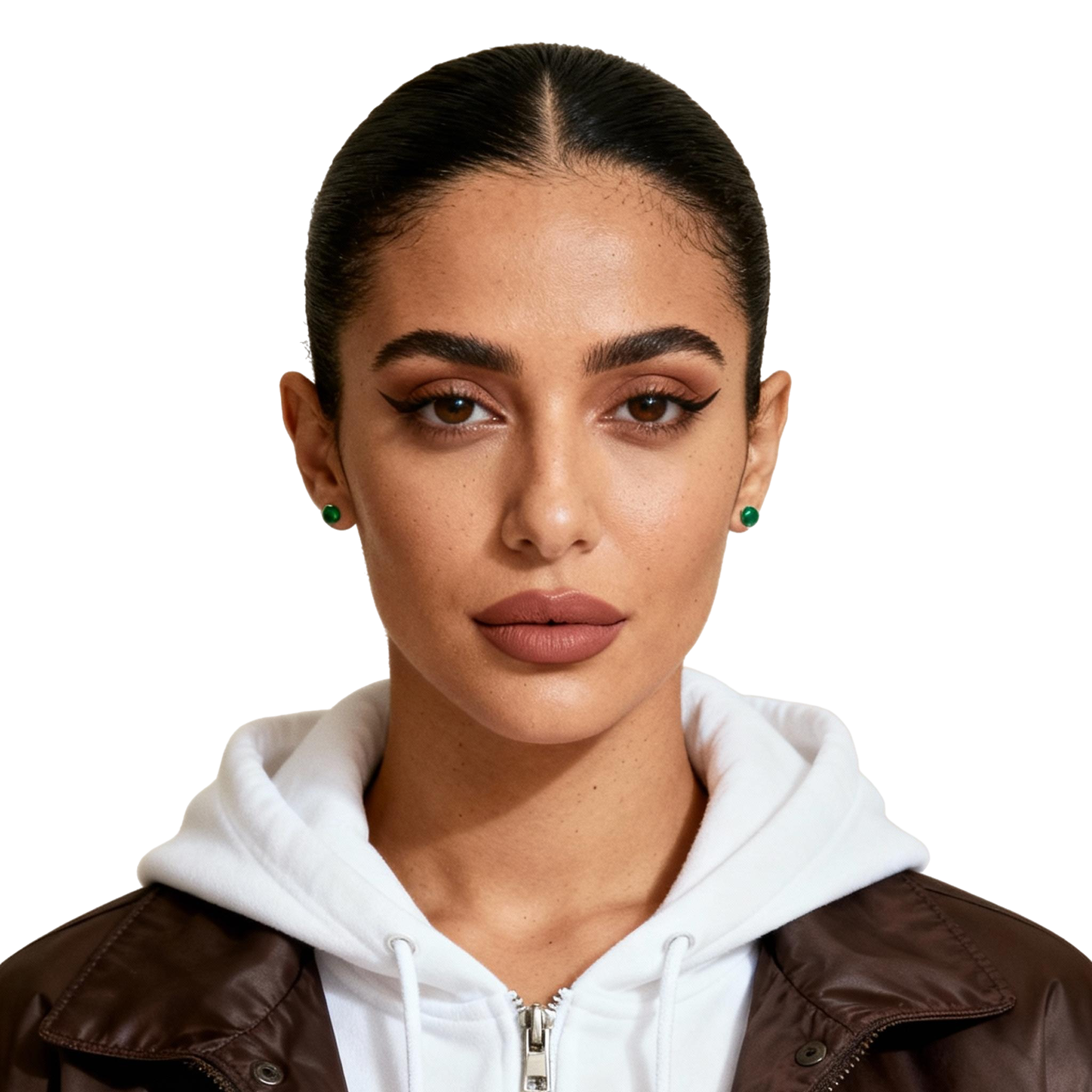 AI-generated portrait of a young woman with hair pulled back, wearing a white hoodie under a leather jacket, posed with a composed expression against a transparent background in soft light.