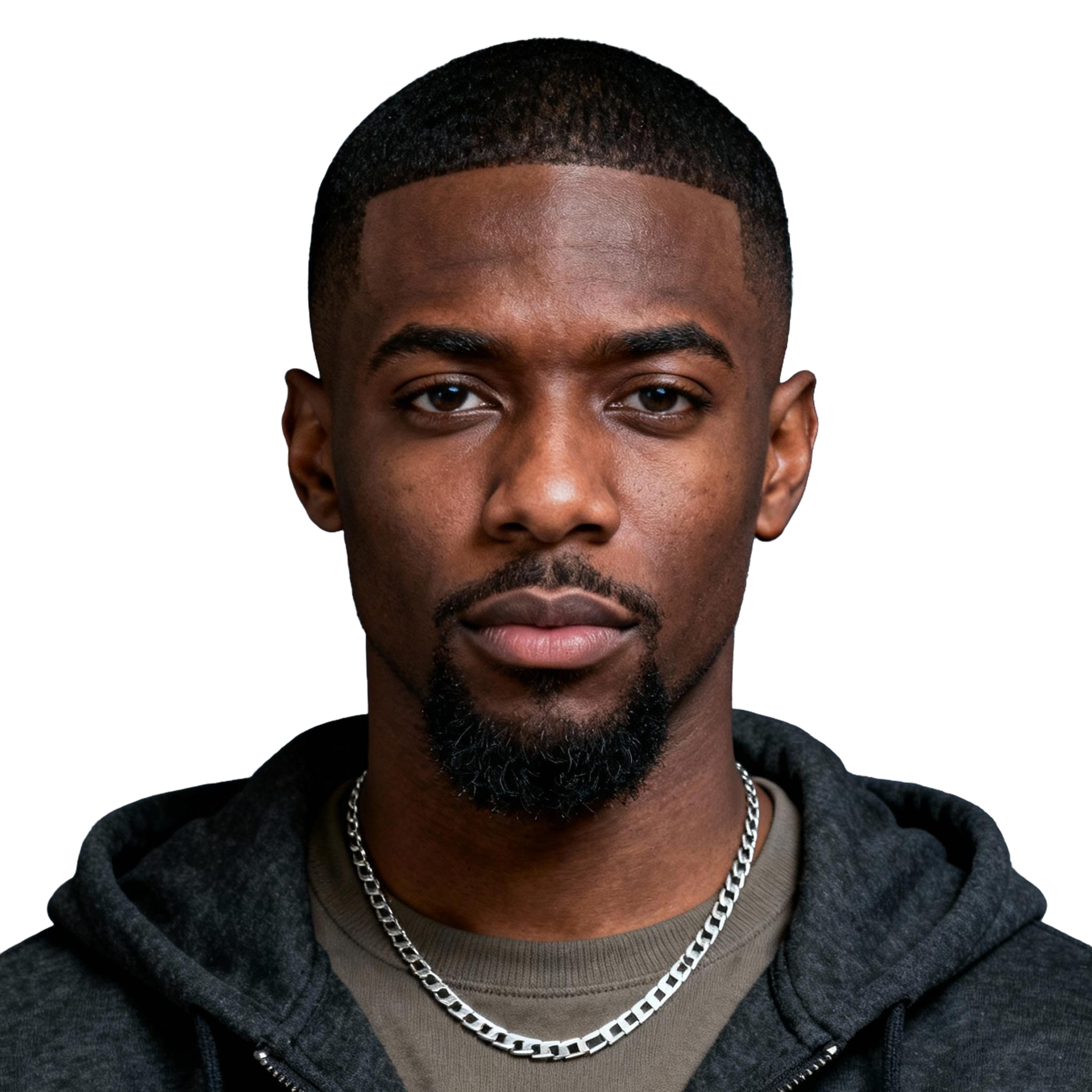 AI-generated portrait of a young man with close-cropped hair and a short boxed beard, wearing a hoodie and chain necklace, posed with a neutral expression against a transparent background in balanced light.