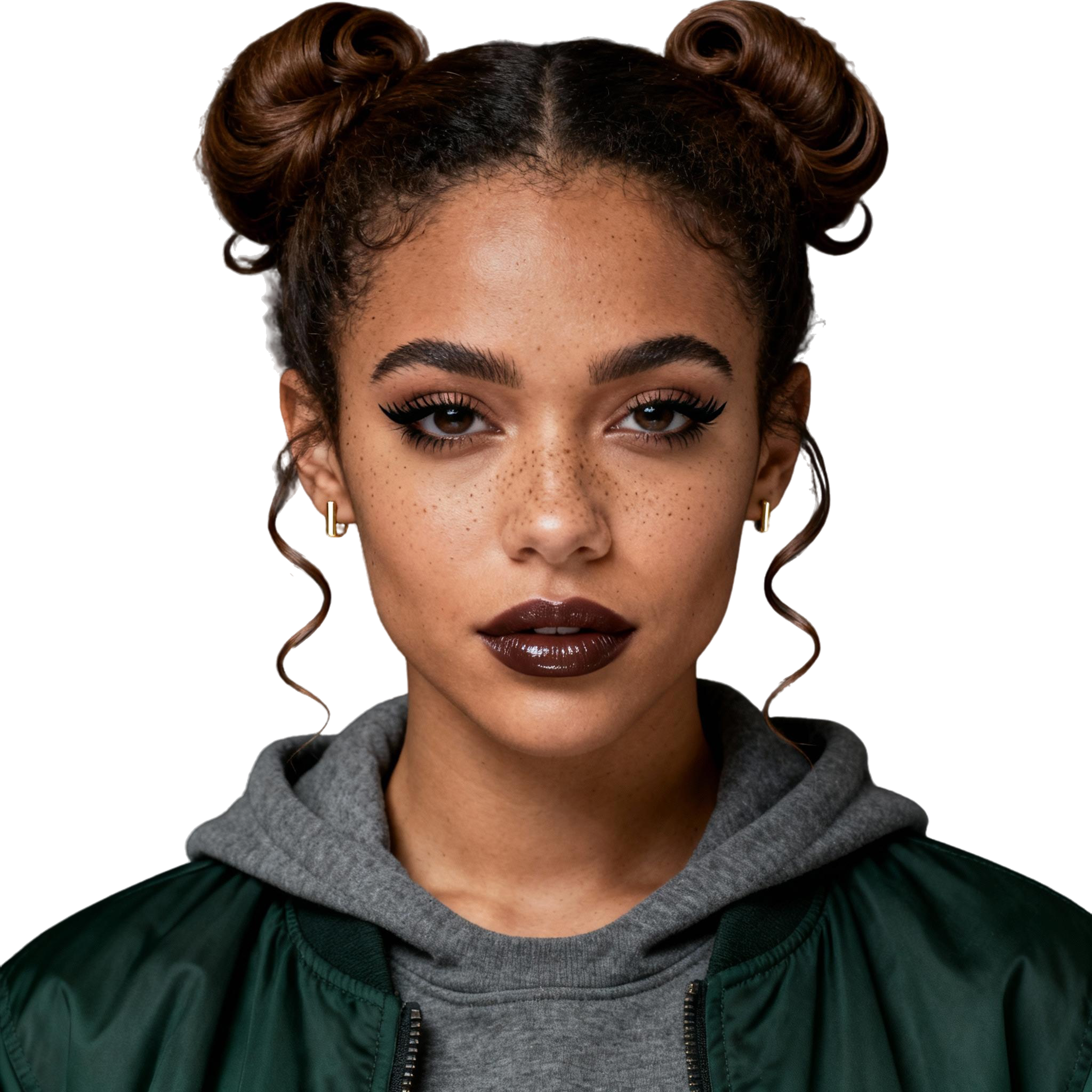 AI-generated portrait of a young woman with double bun hairstyle and subtle freckles, wearing a hoodie and bomber jacket, posed with a composed expression against a transparent background in soft light.