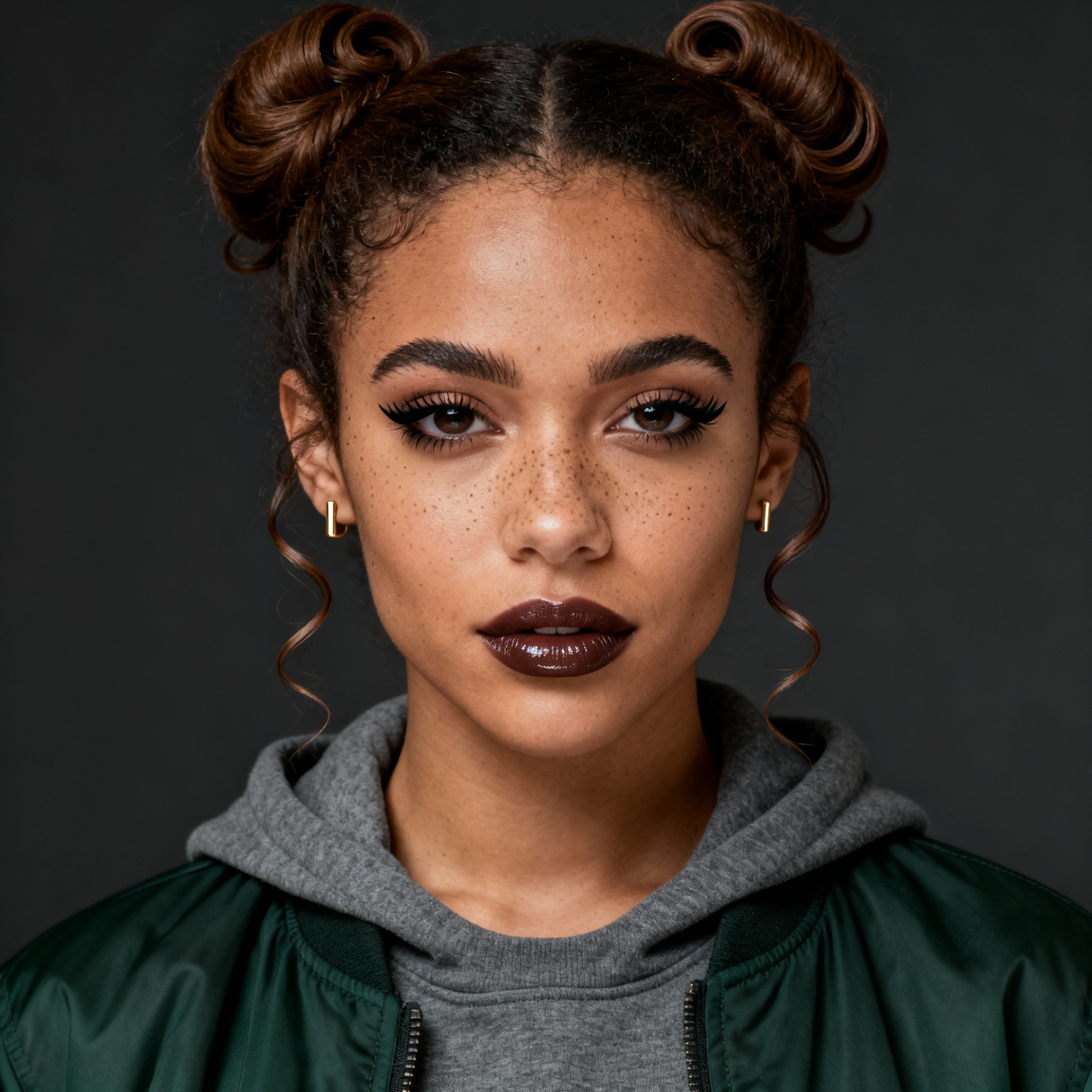AI-generated portrait of a young woman with double bun hairstyle and subtle freckles, wearing a hoodie and bomber jacket, posed with a composed expression against a dark background in soft light.