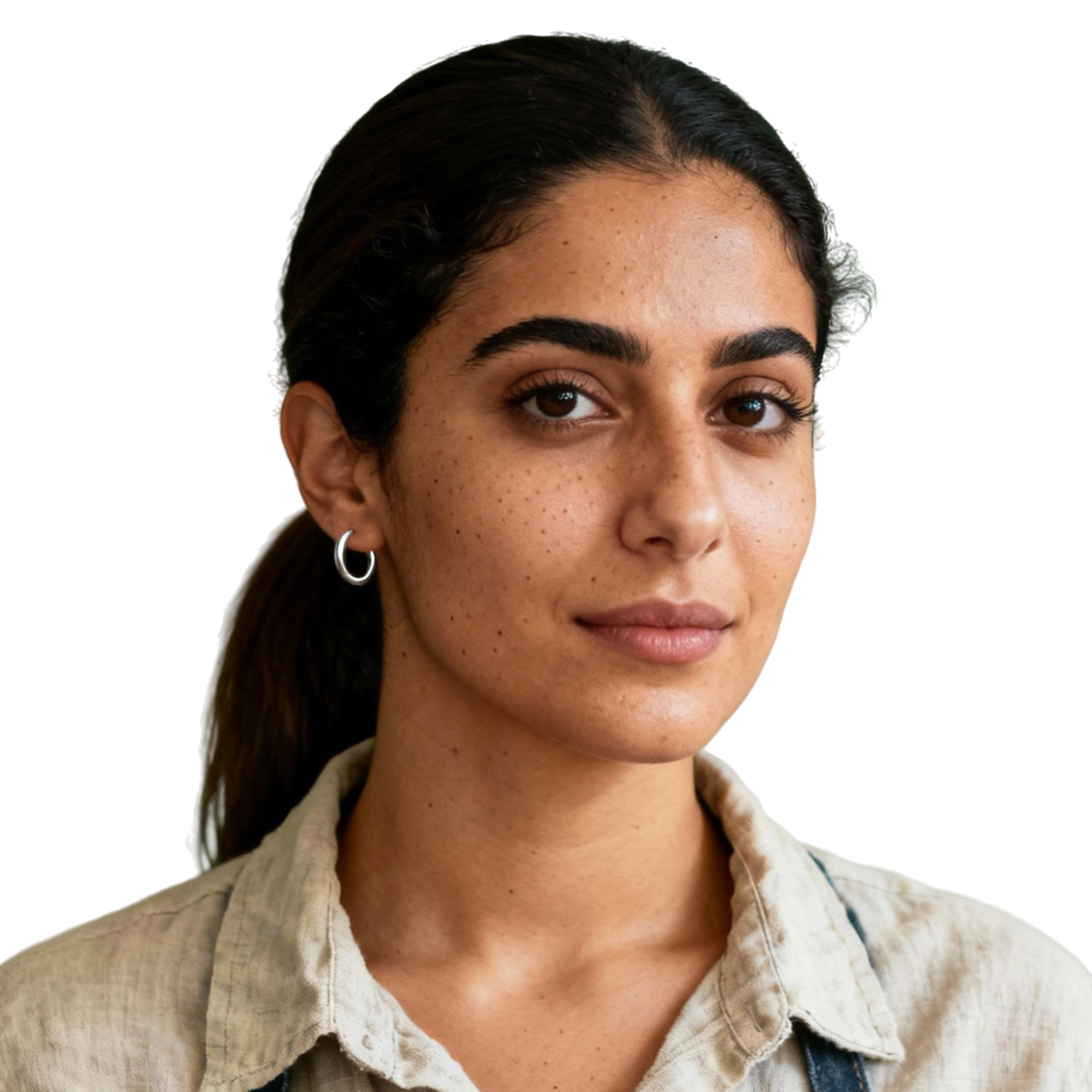 AI-generated portrait of a young woman with dark hair pulled back and subtle freckles, wearing a light button-up shirt and small hoop earrings, posed with a calm expression against a transparent background in natural light.