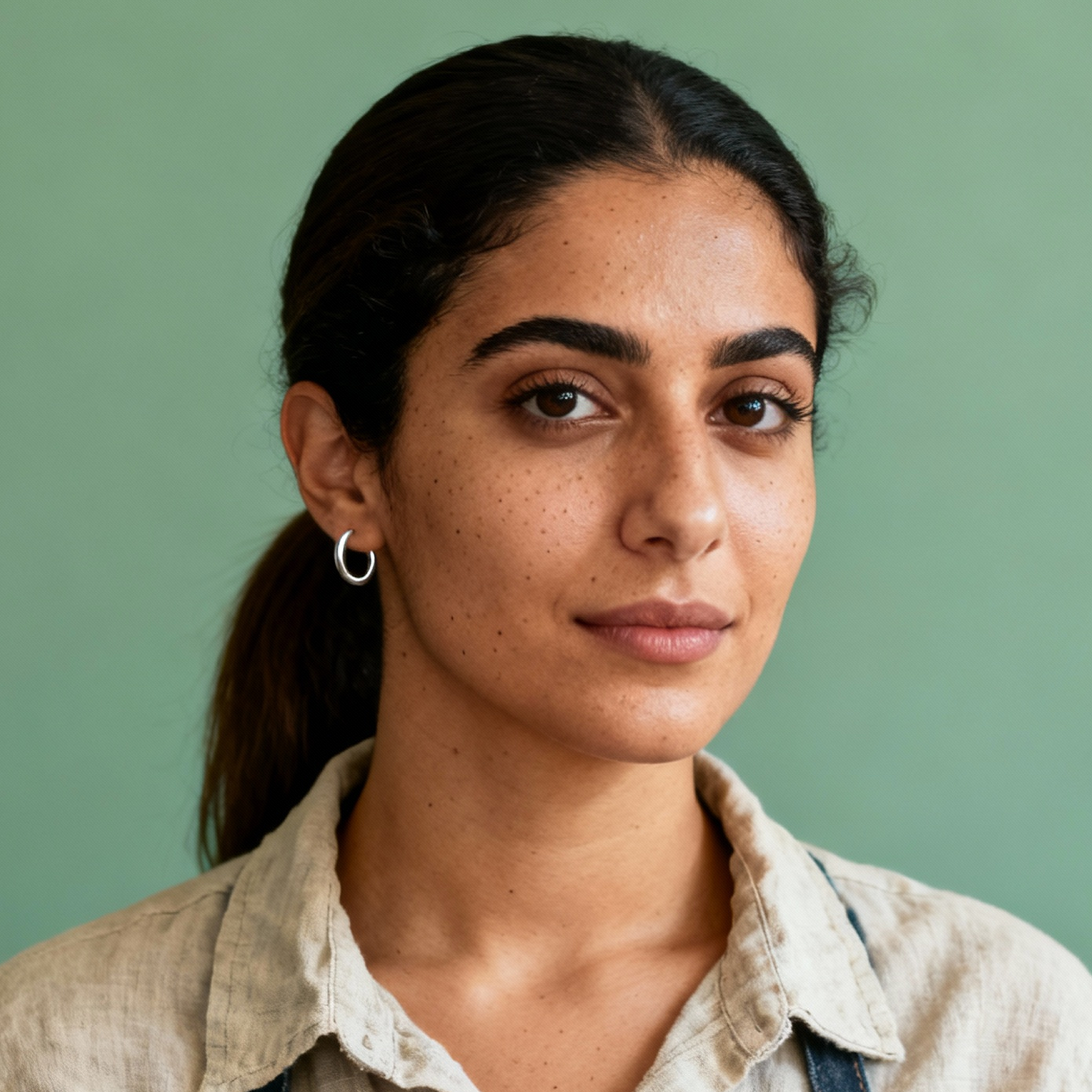 AI-generated portrait of a young woman with dark hair pulled back and subtle freckles, wearing a light button-up shirt and small hoop earrings, posed with a calm expression against a muted green background in natural light.