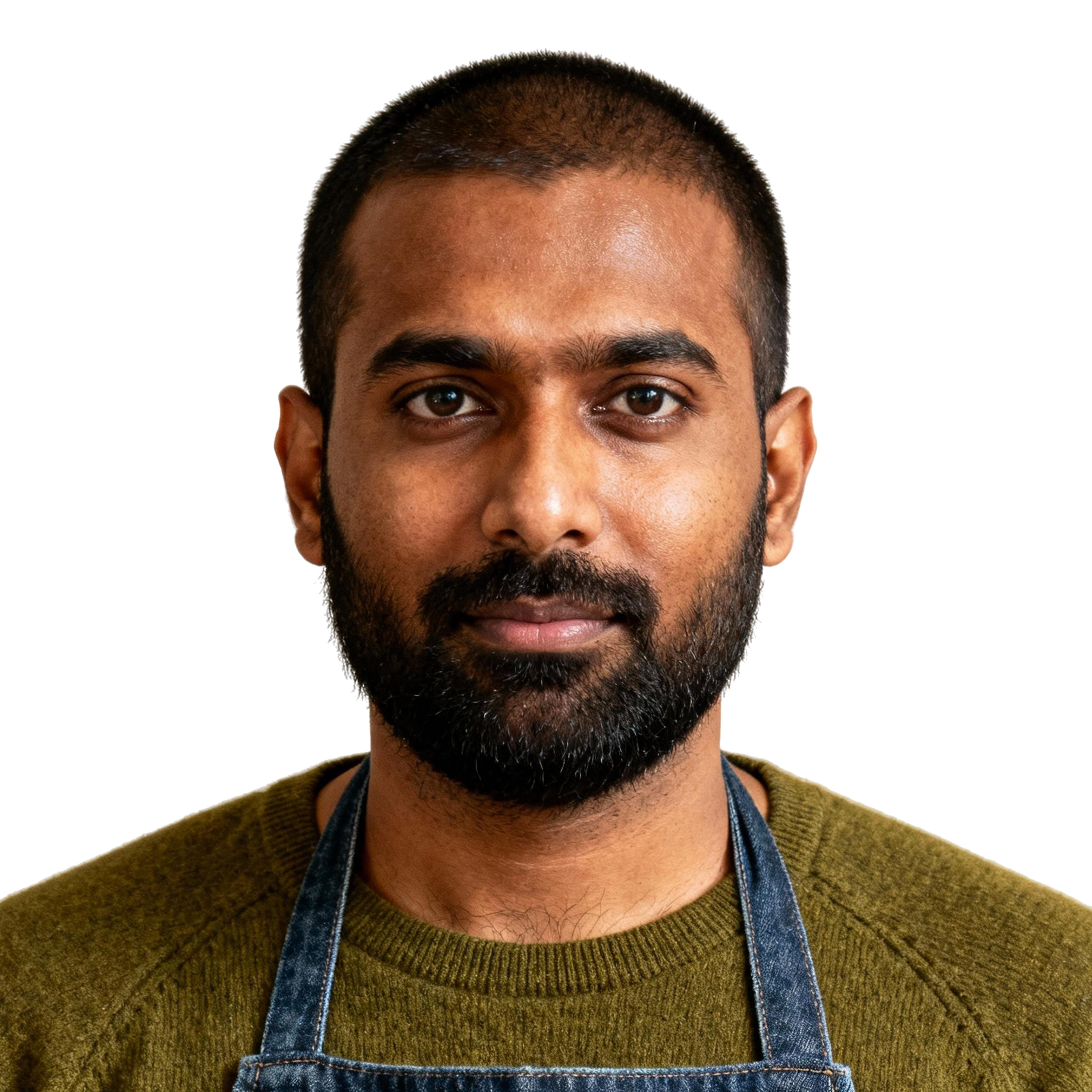 AI-generated portrait of a young man with closely cropped hair and a full beard, wearing a knit shirt and denim apron, posed with a steady expression against a transparent background in natural light.