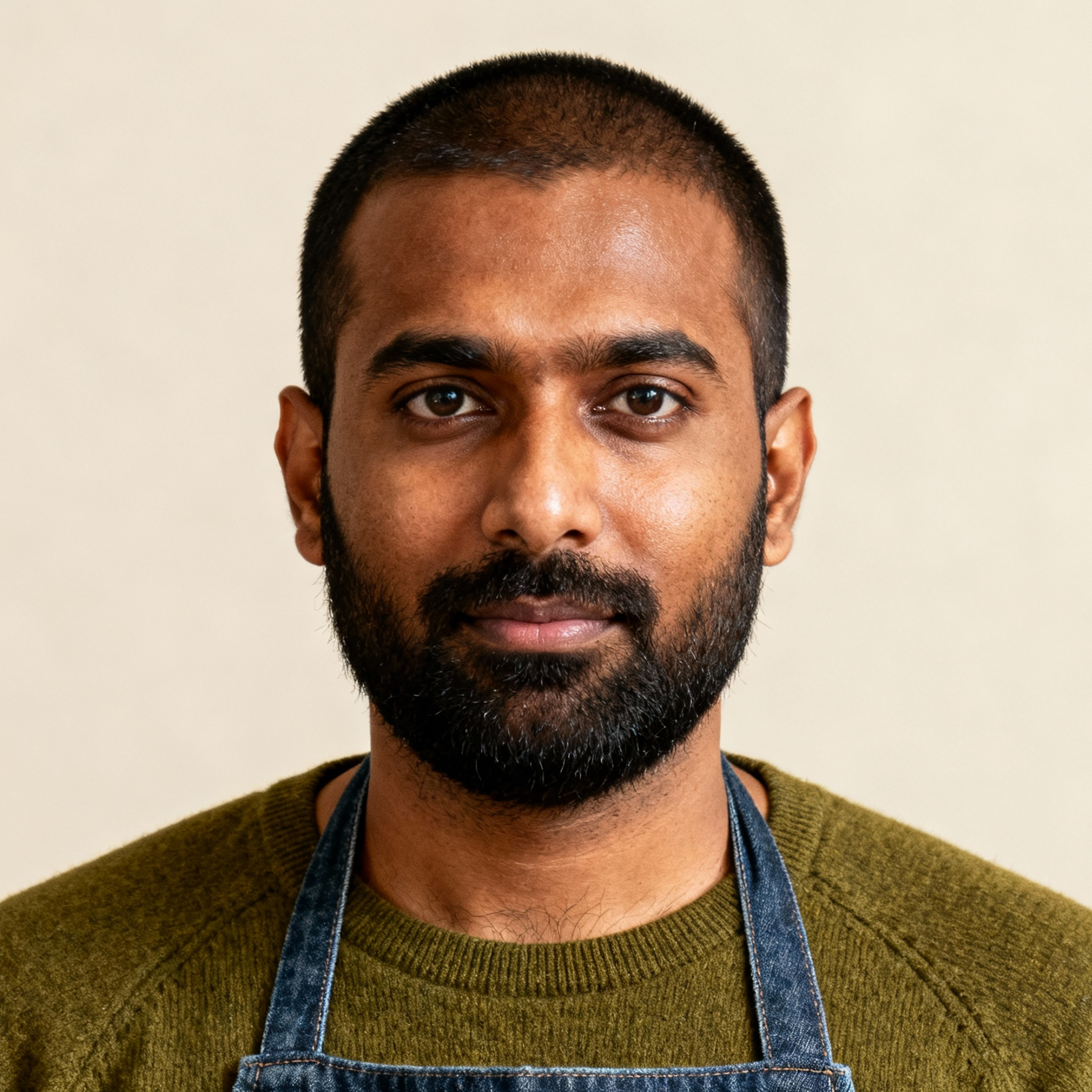 AI-generated portrait of a young man with closely cropped hair and a full beard, wearing a knit shirt and denim apron, posed with a steady expression against a warm neutral background in natural light.