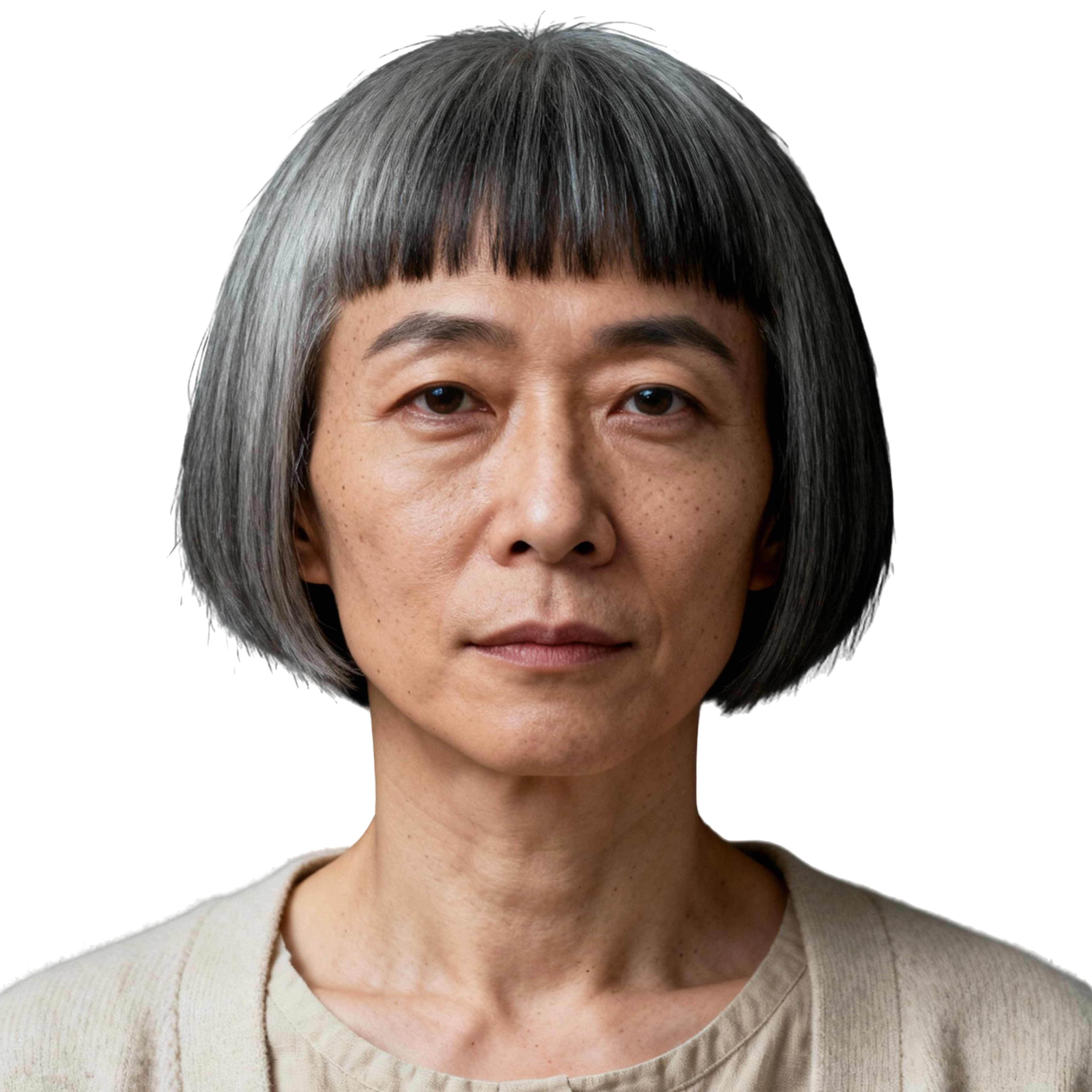 AI-generated portrait of a middle-aged woman with a short gray bob and straight bangs, wearing a light textured top, posed with a neutral expression against a transparent background in soft diffused light.