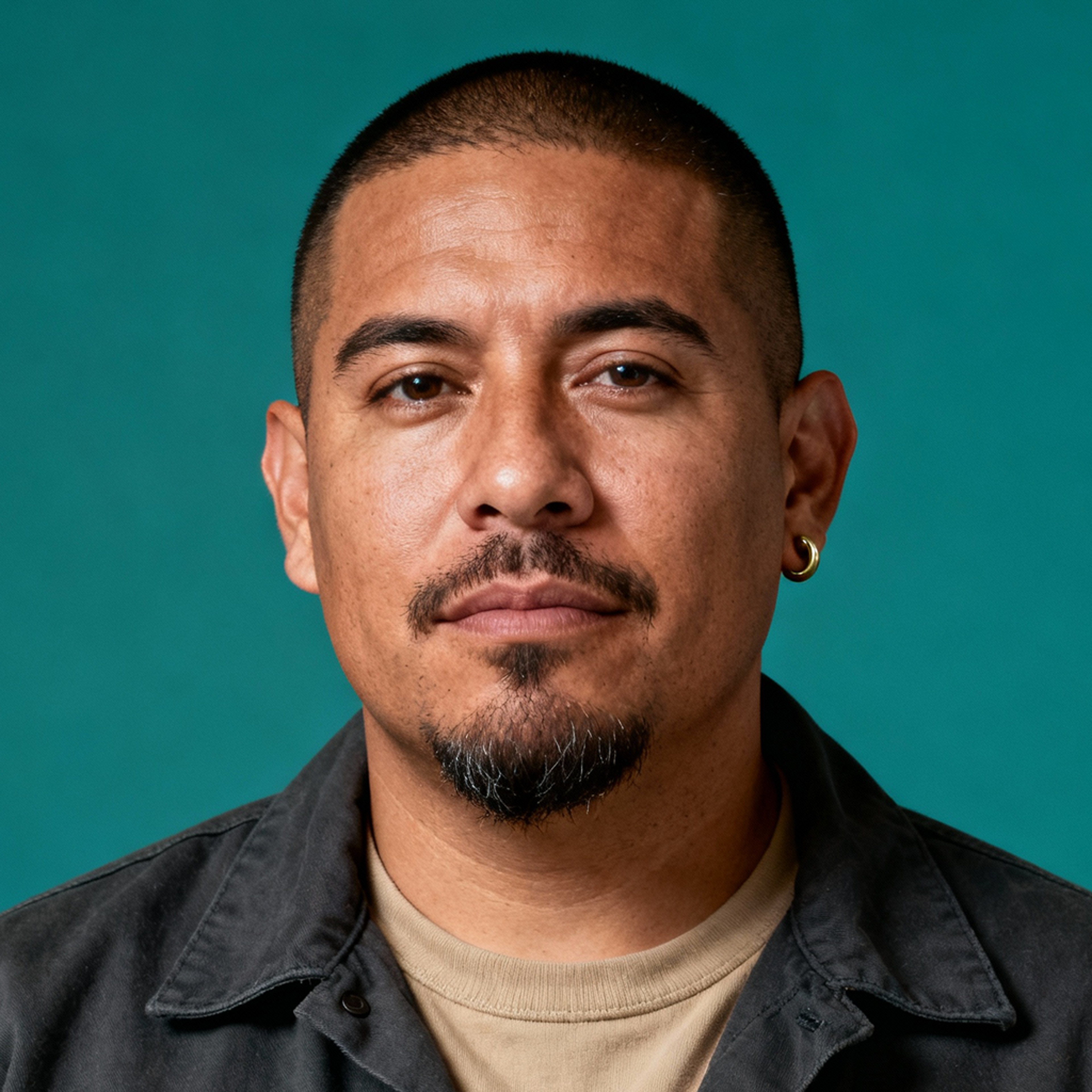 AI-generated portrait of a young man with short hair and a trimmed goatee, wearing a jacket over a t-shirt and a small hoop earring, posed with a relaxed expression against a teal background in natural light.