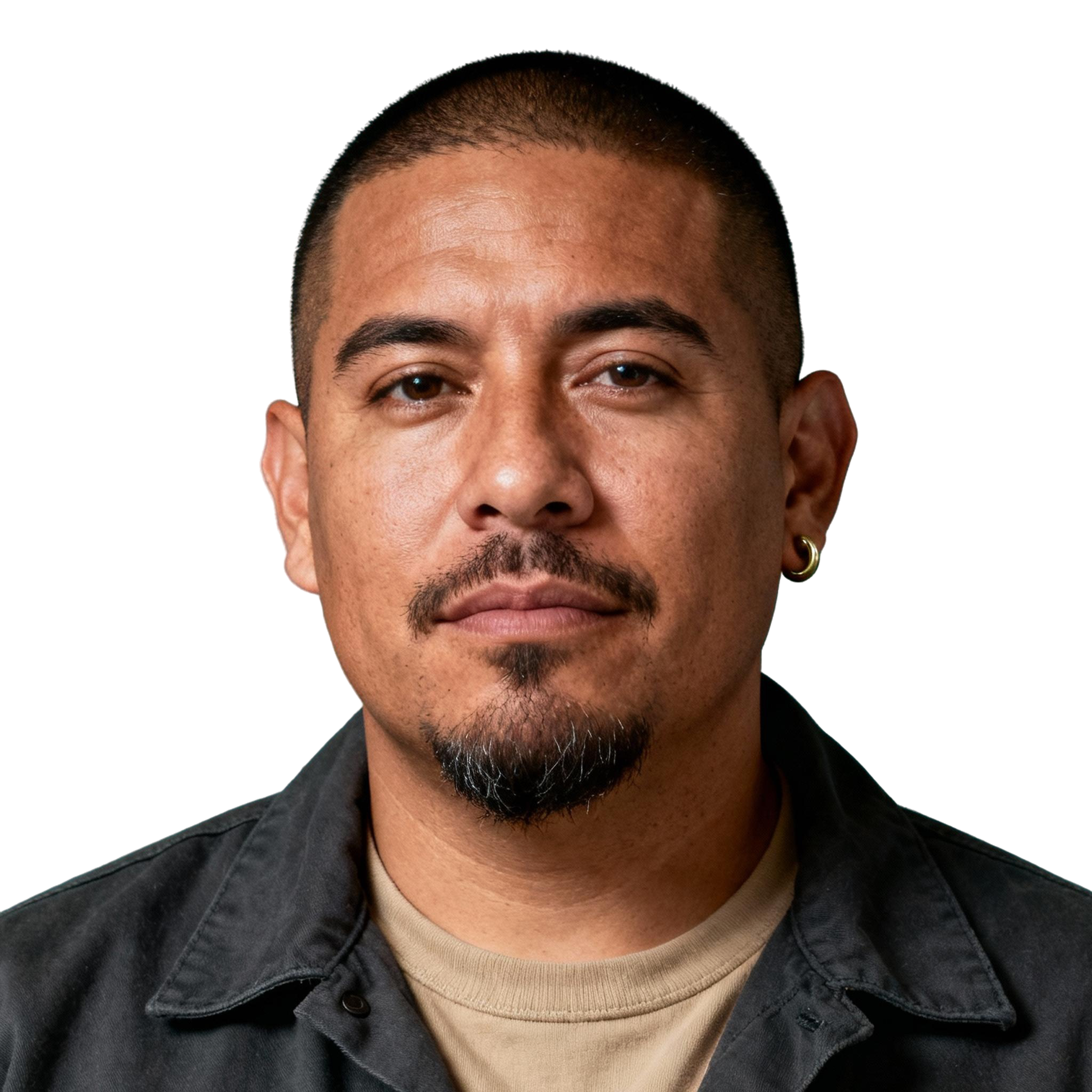 AI-generated portrait of a young man with short hair and a trimmed goatee, wearing a jacket over a t-shirt and a small hoop earring, posed with a relaxed expression against a transparent background in natural light.