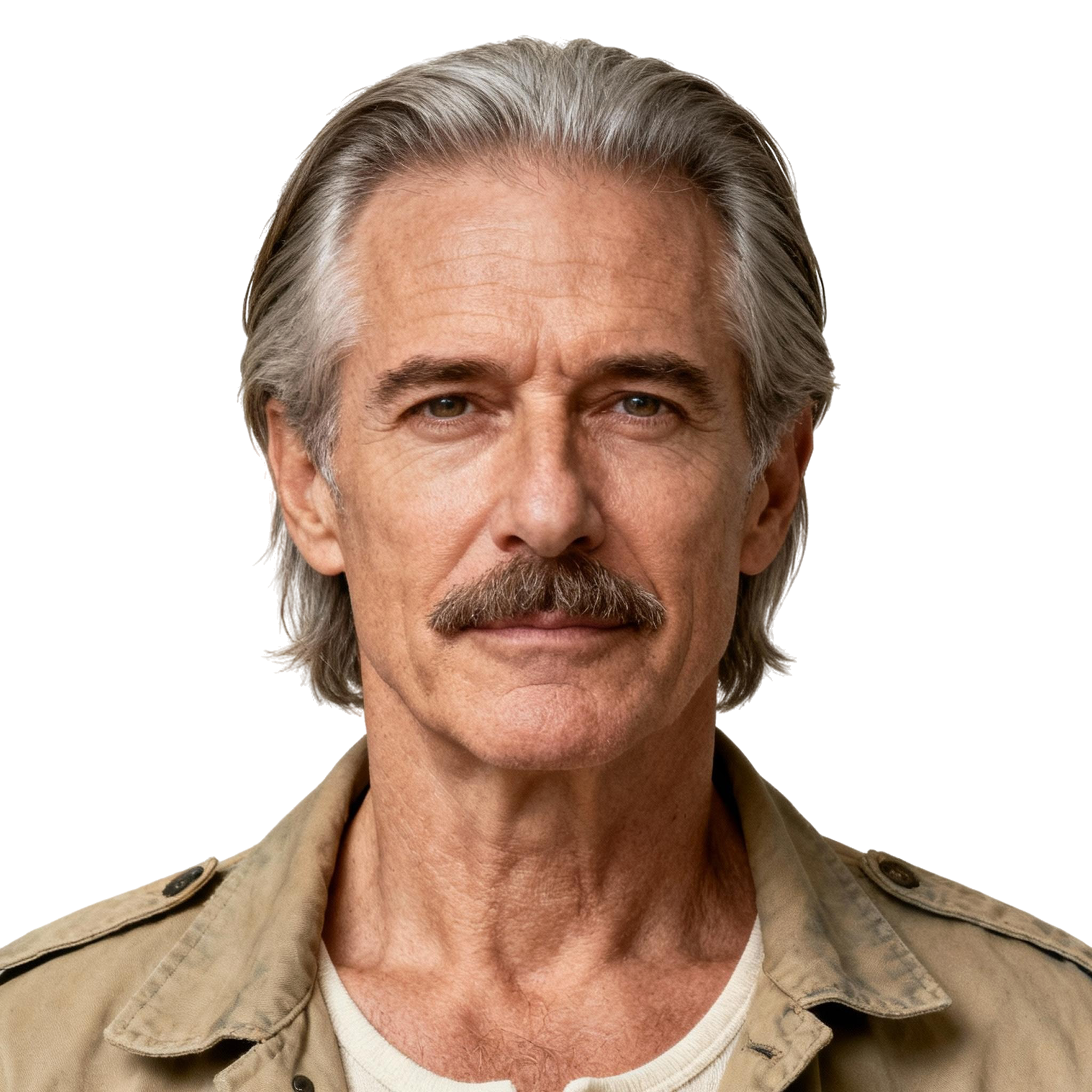 AI-generated portrait of a middle-aged man with swept-back gray hair and a thick mustache, wearing a light utility jacket over a shirt, posed with a composed expression against a transparent background in natural light.