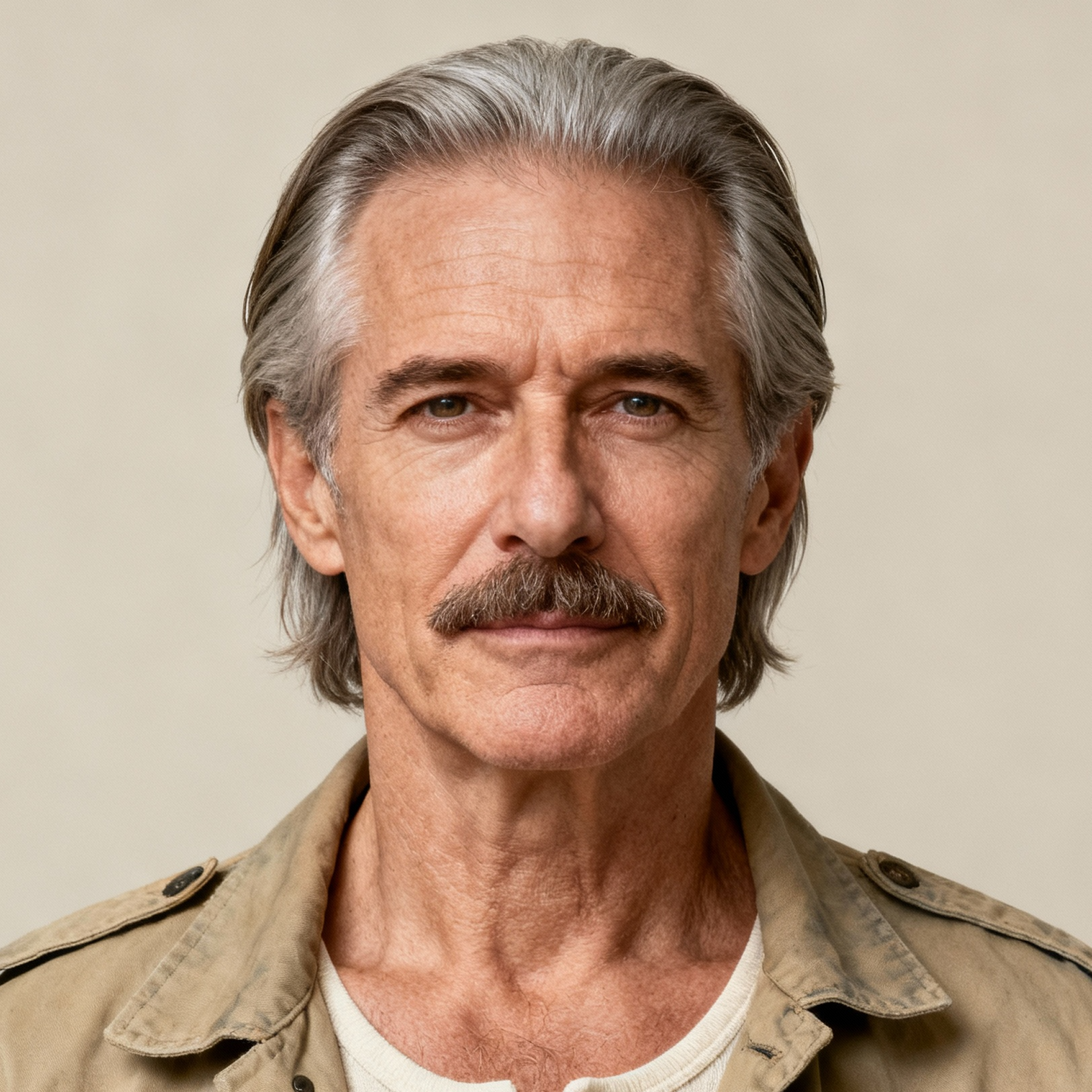 AI-generated portrait of a middle-aged man with swept-back gray hair and a thick mustache, wearing a light utility jacket over a shirt, posed with a composed expression against a warm neutral background in natural light.