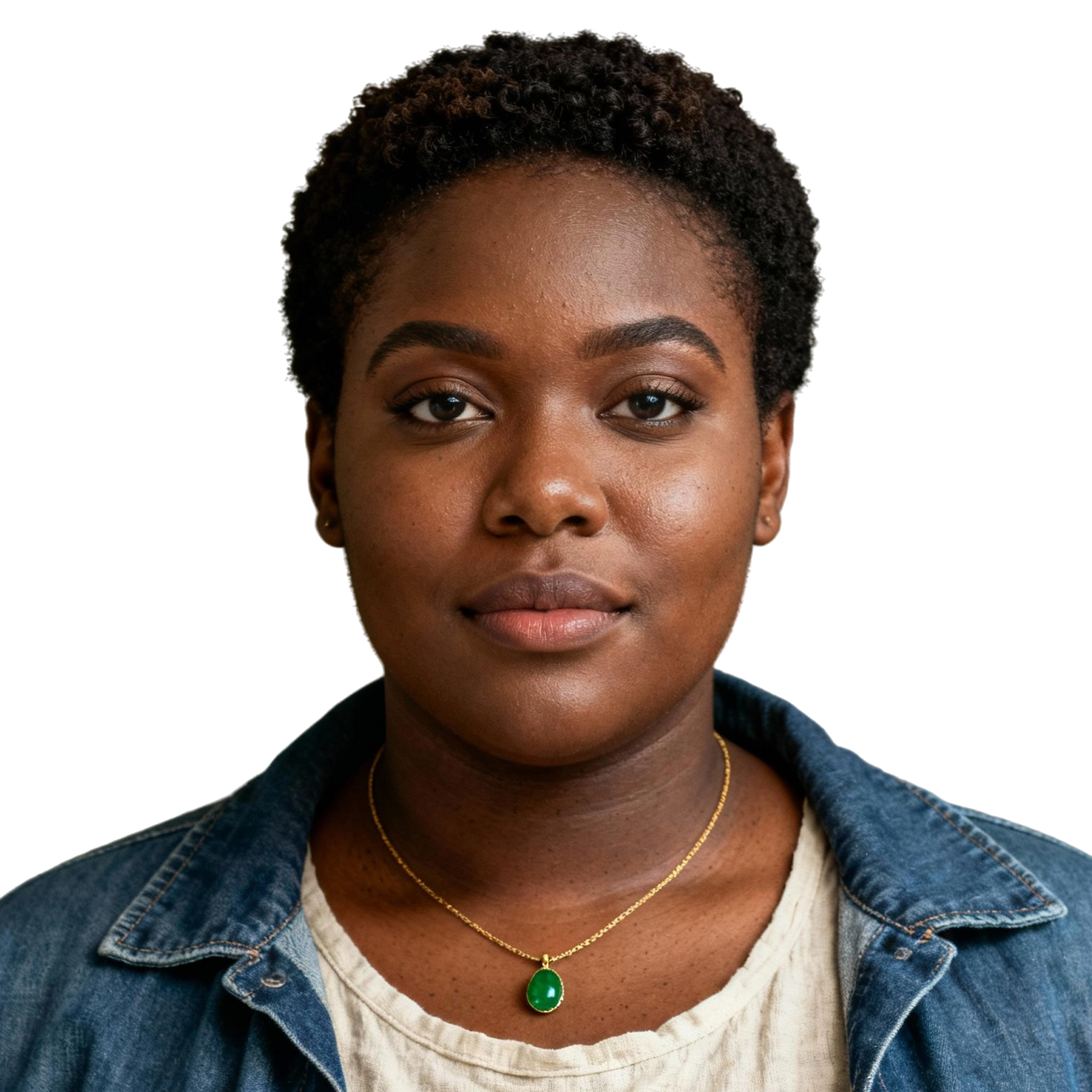 AI-generated portrait of a young woman with short natural hair, wearing a denim jacket over a light top and a simple necklace, posed with a relaxed expression against a transparent background in natural light.