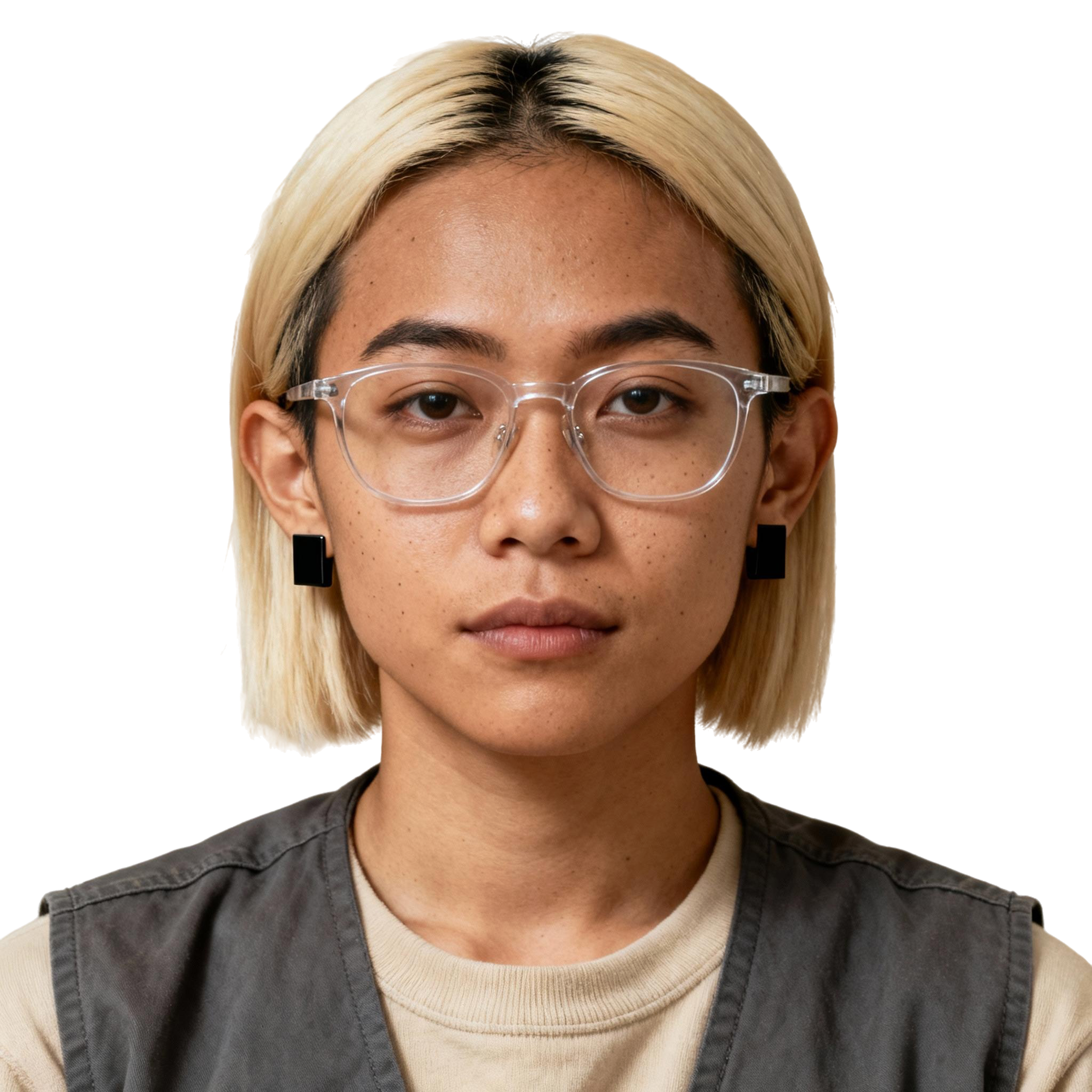 AI-generated portrait of a young woman with a blunt blonde bob and clear-frame glasses, wearing a layered top and vest, posed with a neutral expression against a transparent background in natural light.