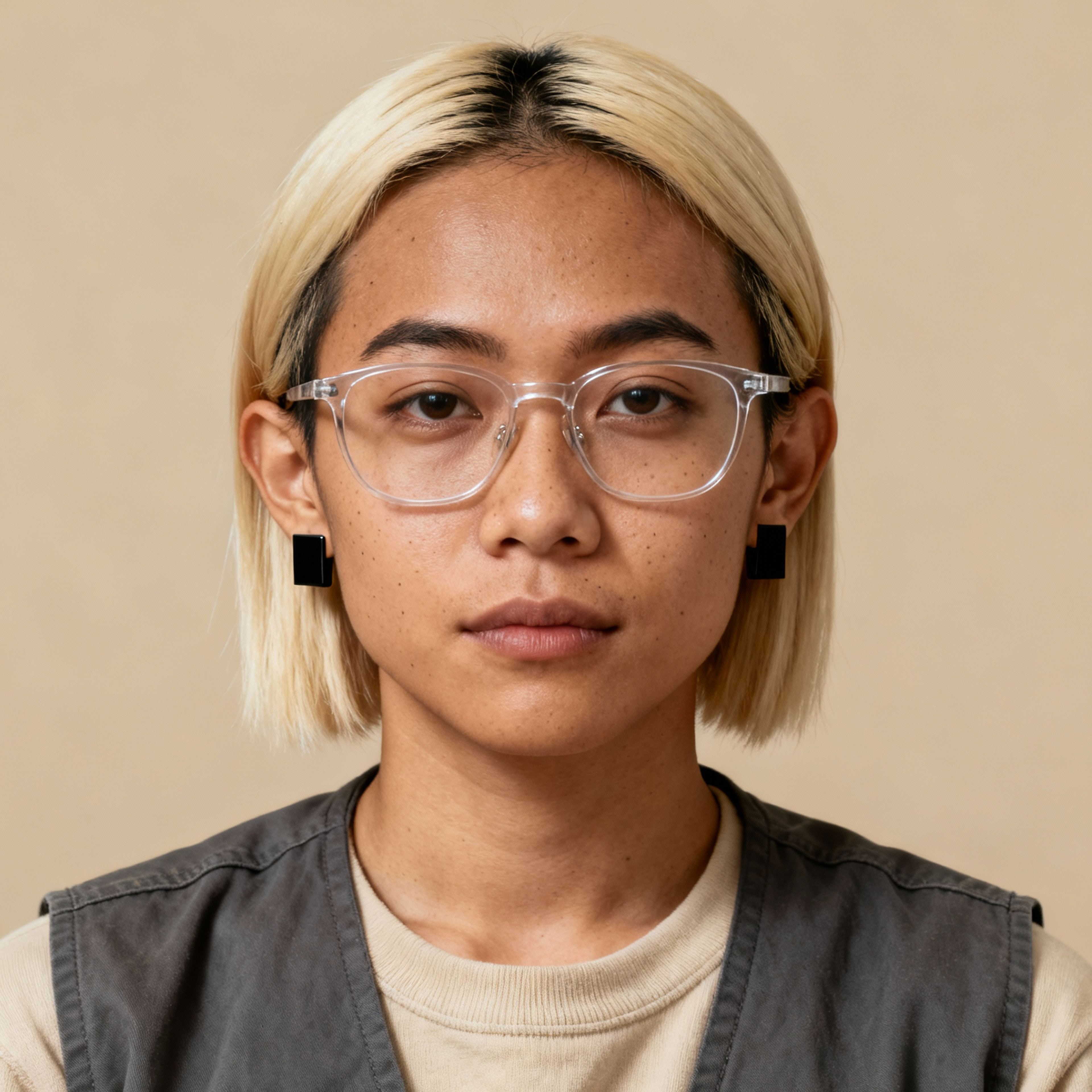 AI-generated portrait of a young woman with a blunt blonde bob and clear-frame glasses, wearing a layered top and vest, posed with a neutral expression against a warm beige background in natural light.