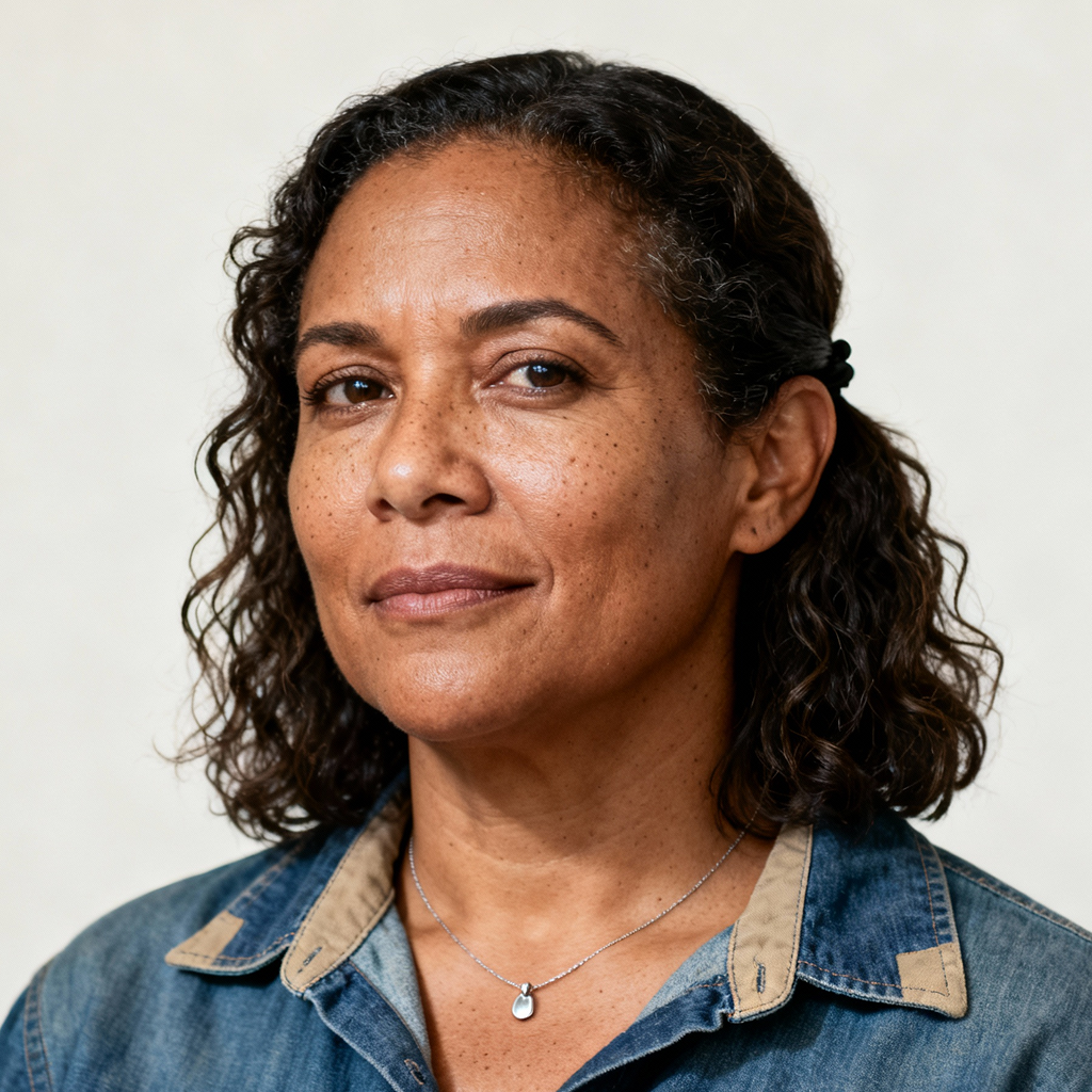 AI-generated portrait of a middle-aged woman with shoulder-length curly hair and light freckles, wearing a denim shirt and necklace, posed with a gentle expression against an off-white background in natural light.