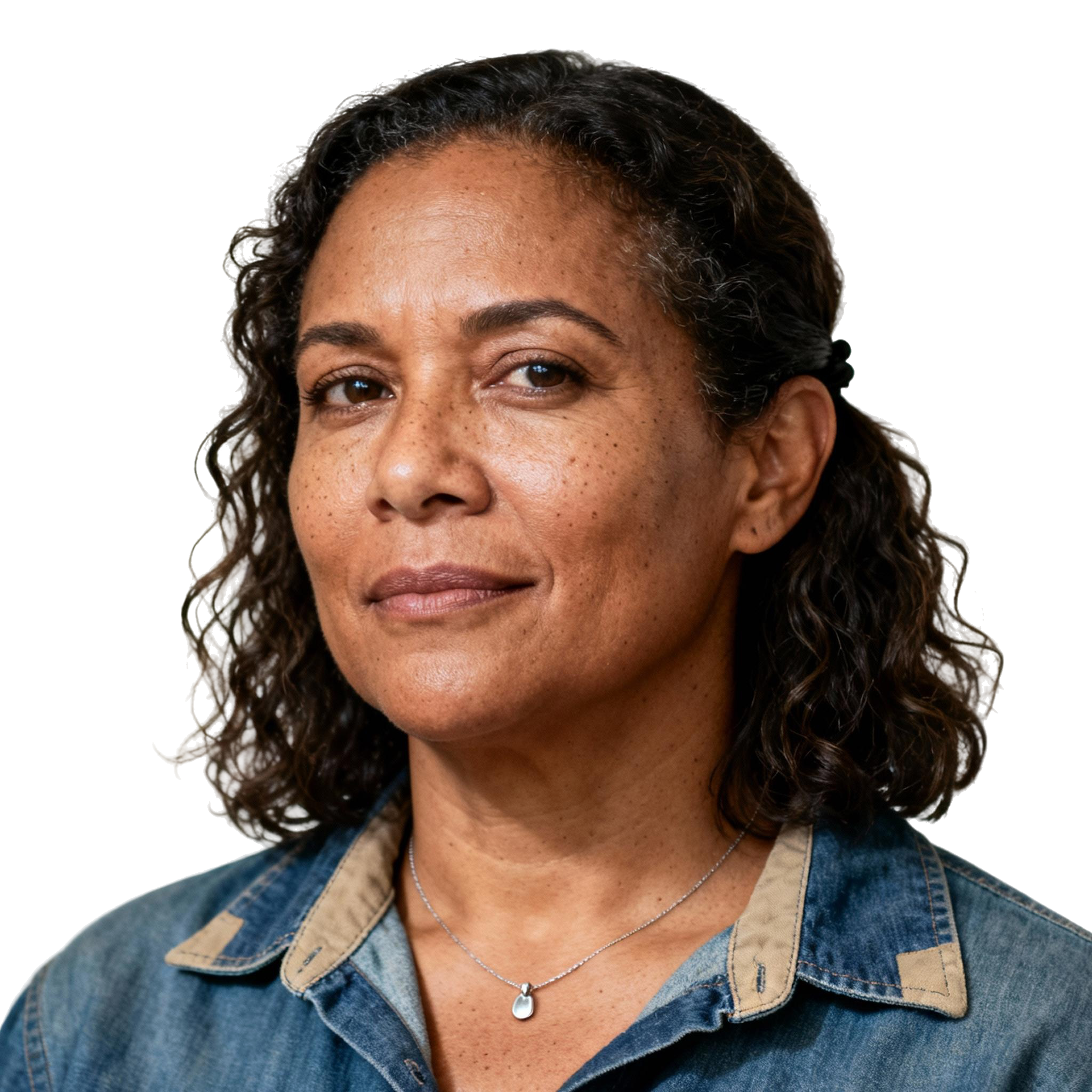 AI-generated portrait of a middle-aged woman with shoulder-length curly hair and light freckles, wearing a denim shirt and necklace, posed with a gentle expression against a transparent background in natural light.