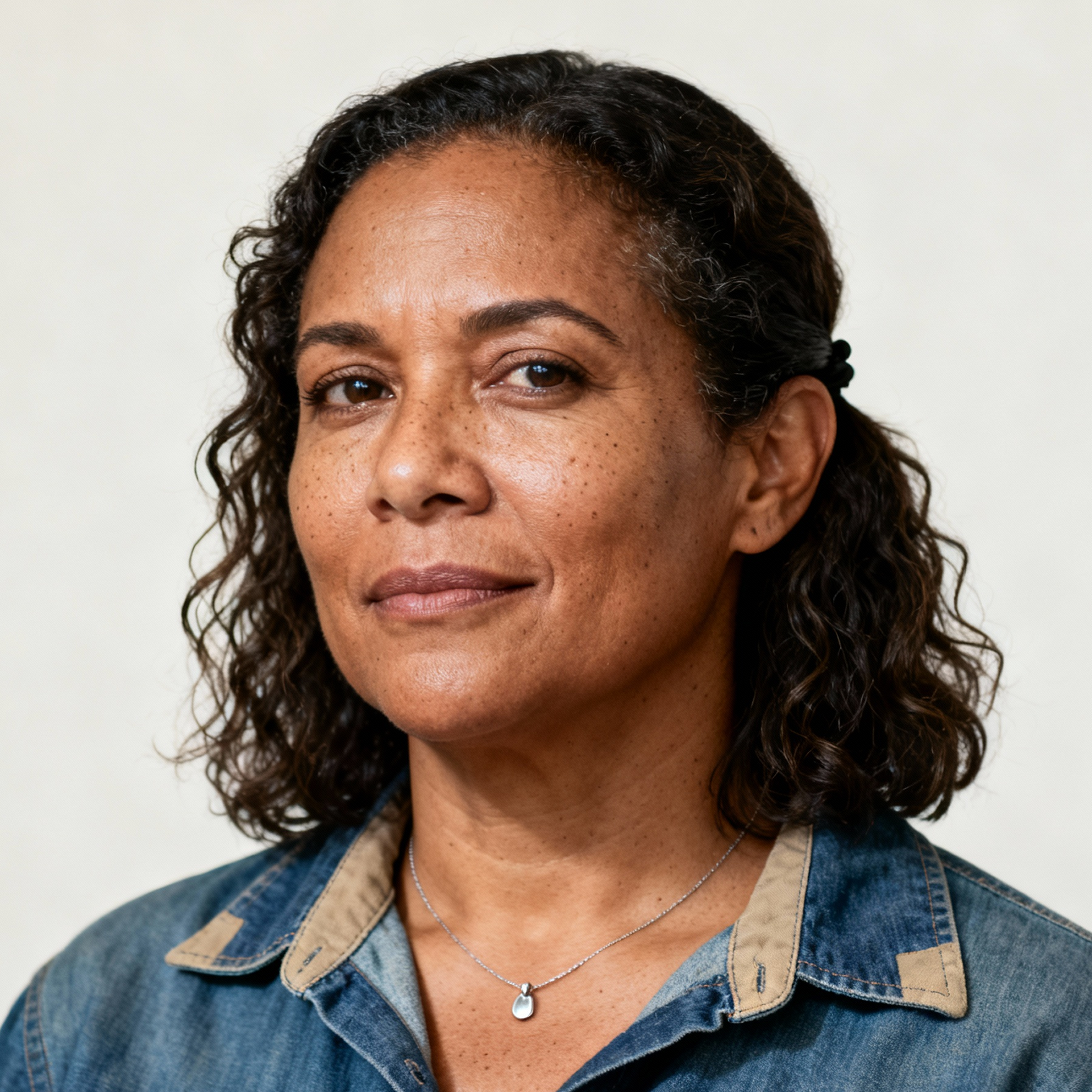 AI-generated portrait of a middle-aged woman with shoulder-length curly hair and light freckles, wearing a denim shirt and necklace, posed with a gentle expression against an off-white background in natural light.