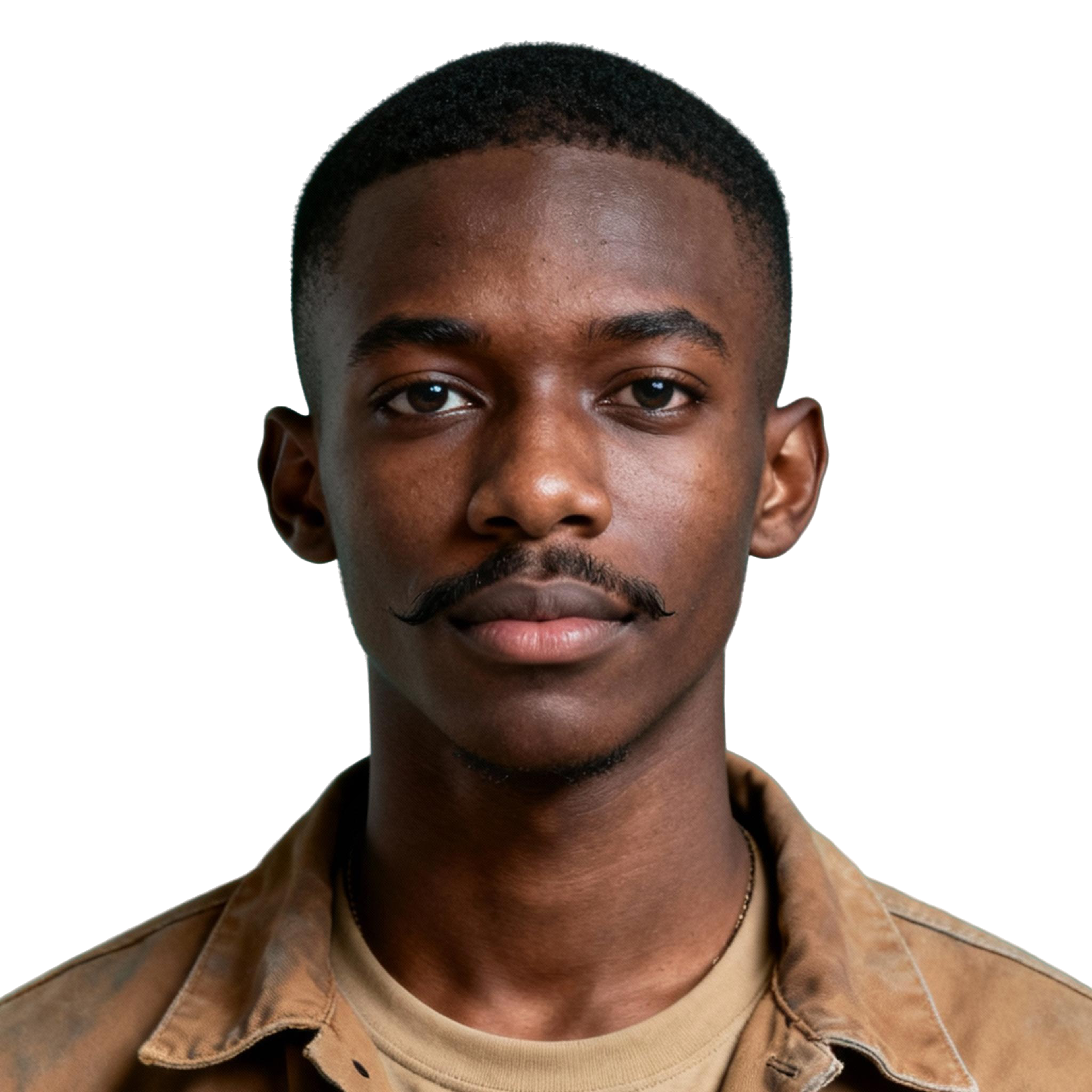 AI-generated portrait of a young man with very short hair and a thin mustache, wearing a work jacket over a t-shirt, posed with a neutral expression against a transparent background in natural light.