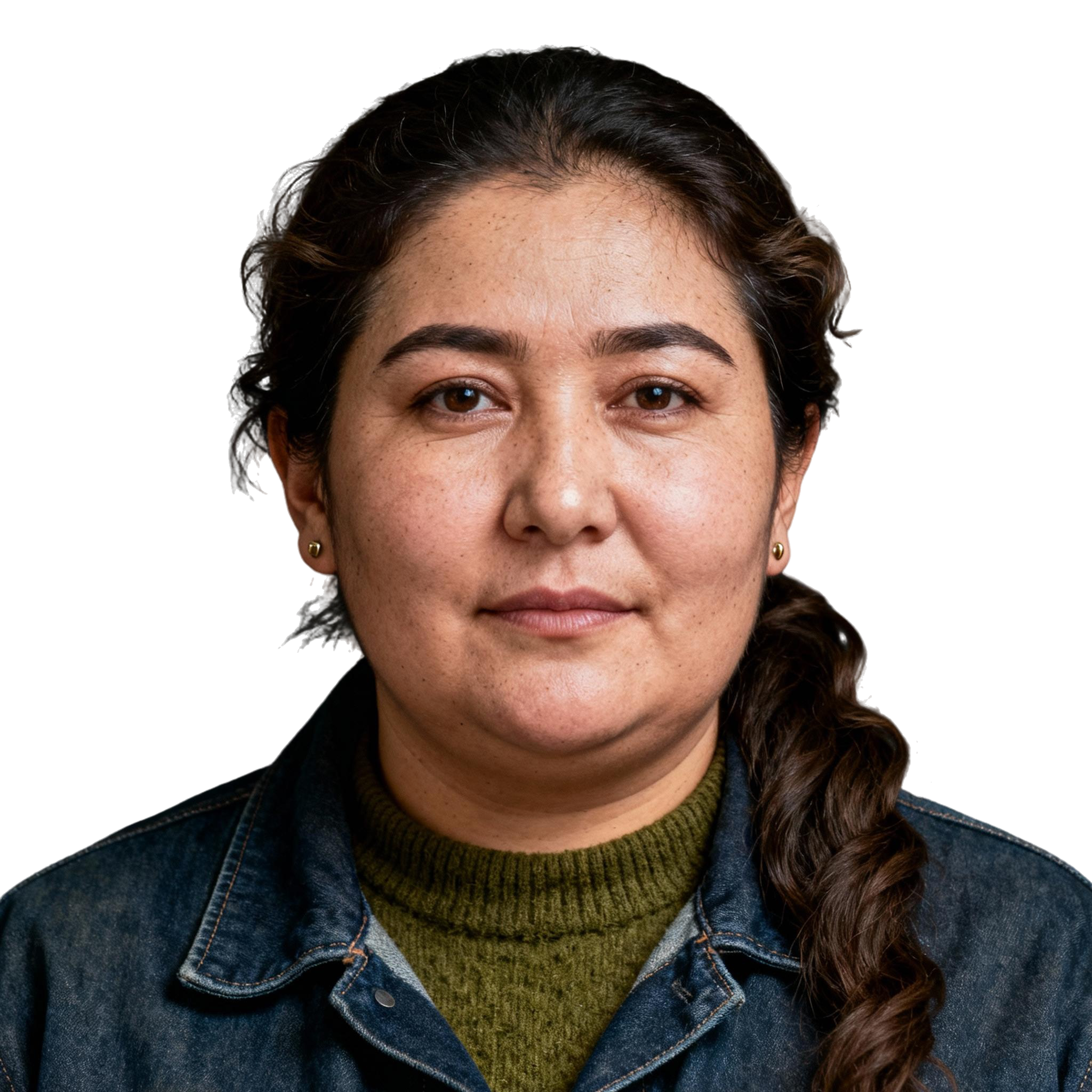 AI-generated portrait of a middle-aged woman with dark hair pulled back and light freckles, wearing a denim jacket over a knit top, posed with a composed expression against a transparent background in soft diffused light.