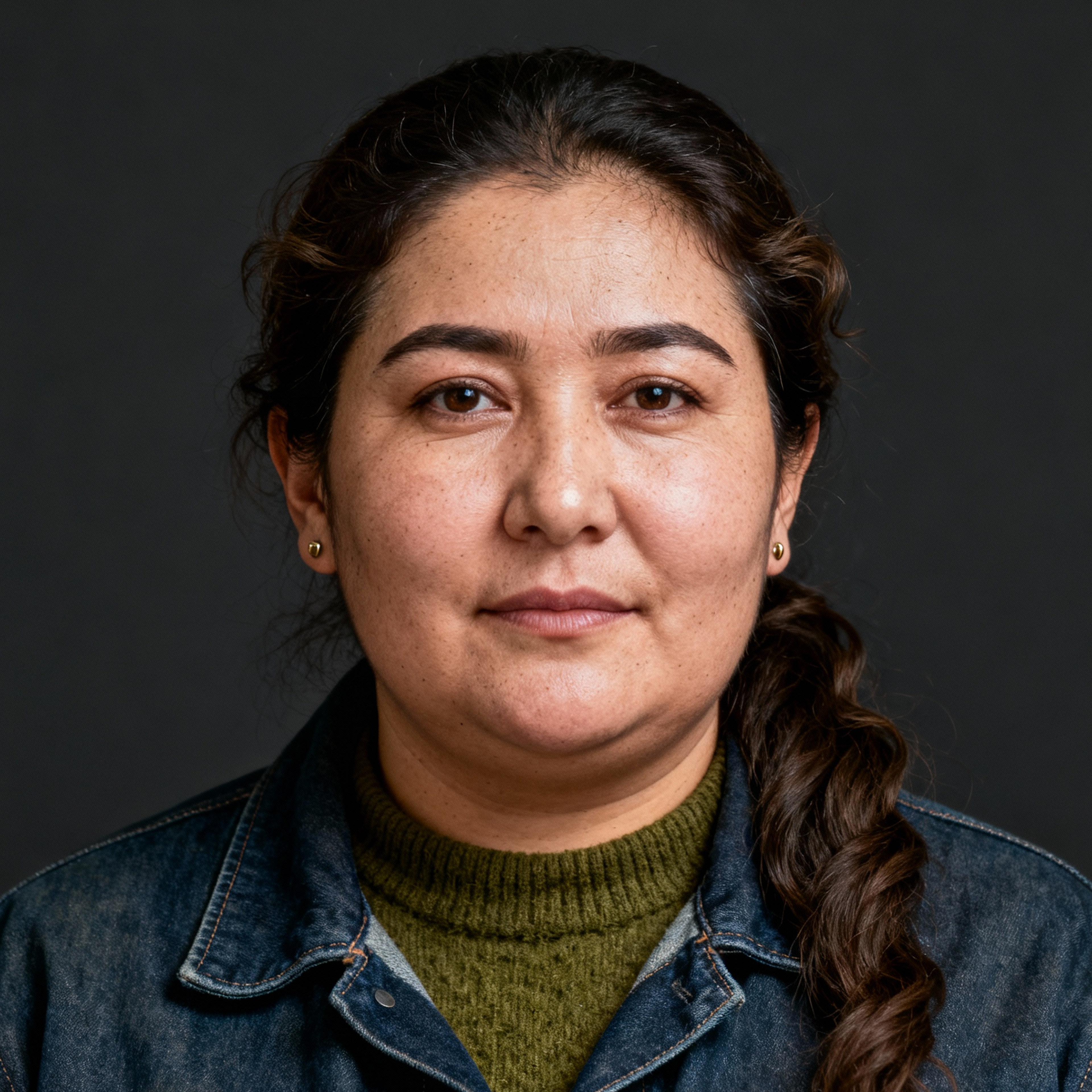 AI-generated portrait of a middle-aged woman with dark hair pulled back and light freckles, wearing a denim jacket over a knit top, posed with a composed expression against a dark background in soft diffused light.