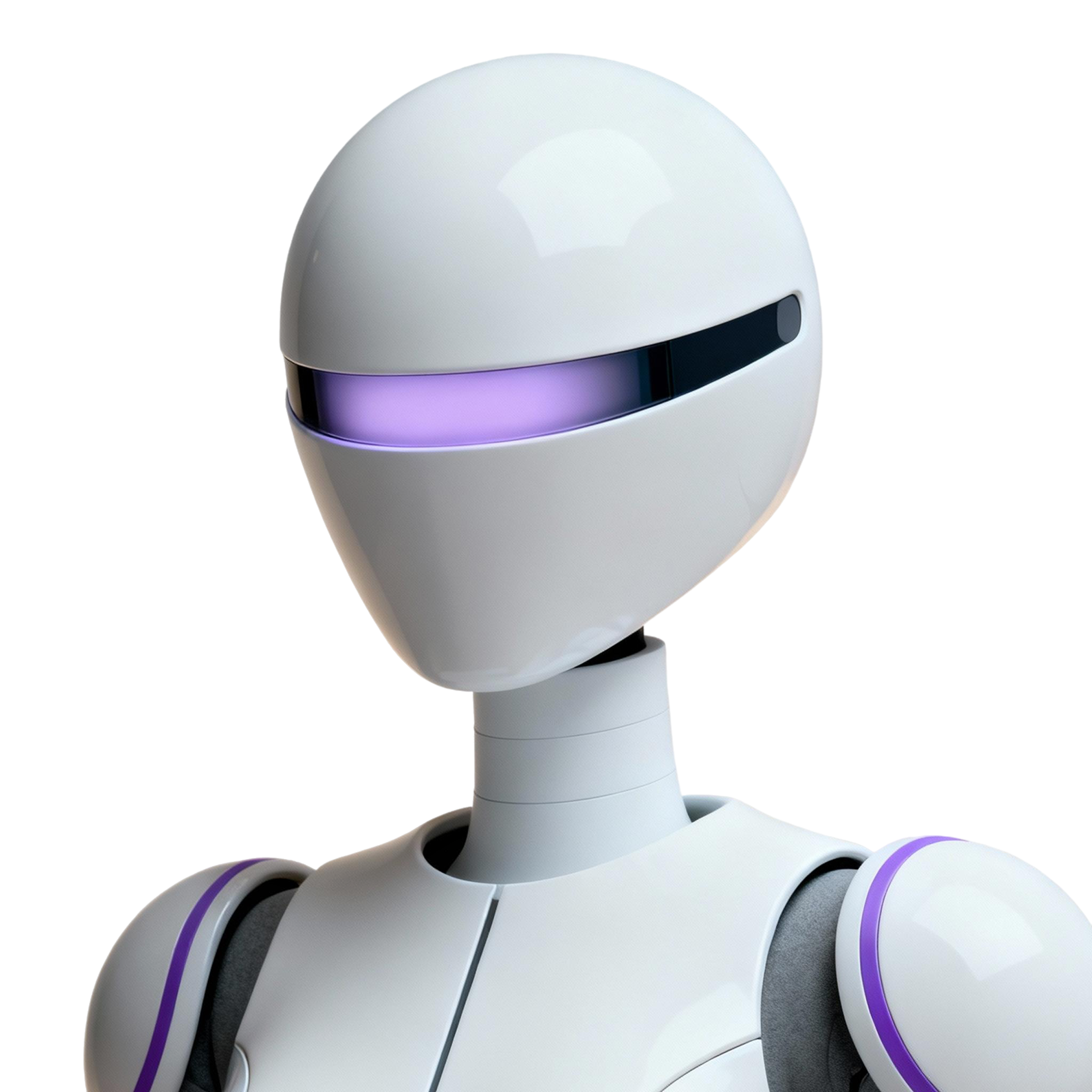 AI-generated portrait of a humanoid android with a smooth white helmet and glowing horizontal visor, posed facing forward against a transparent background in diffused light.