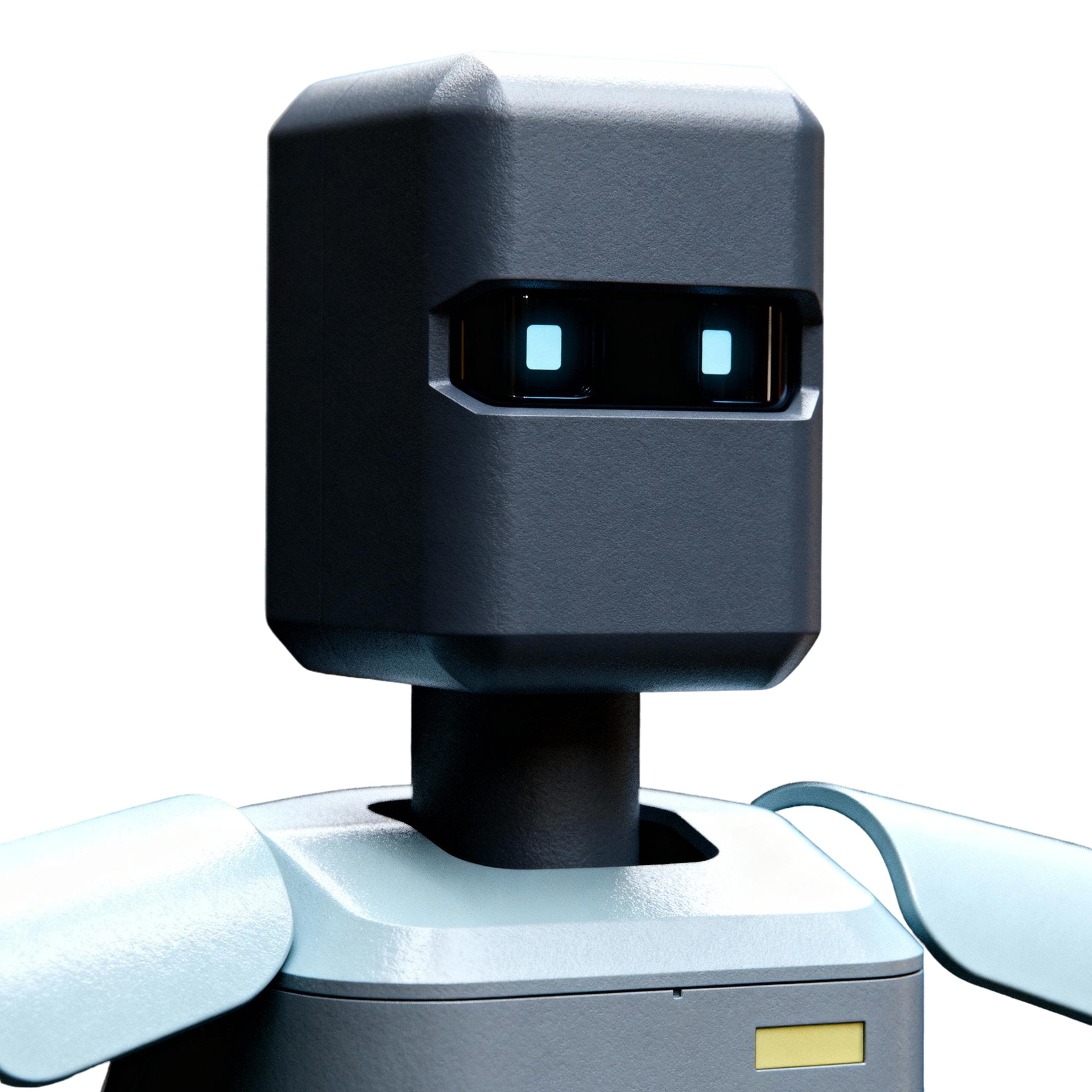 AI-generated portrait of a box-headed android with a rectangular face display and glowing square eyes, posed facing forward against a transparent background in soft directional light.