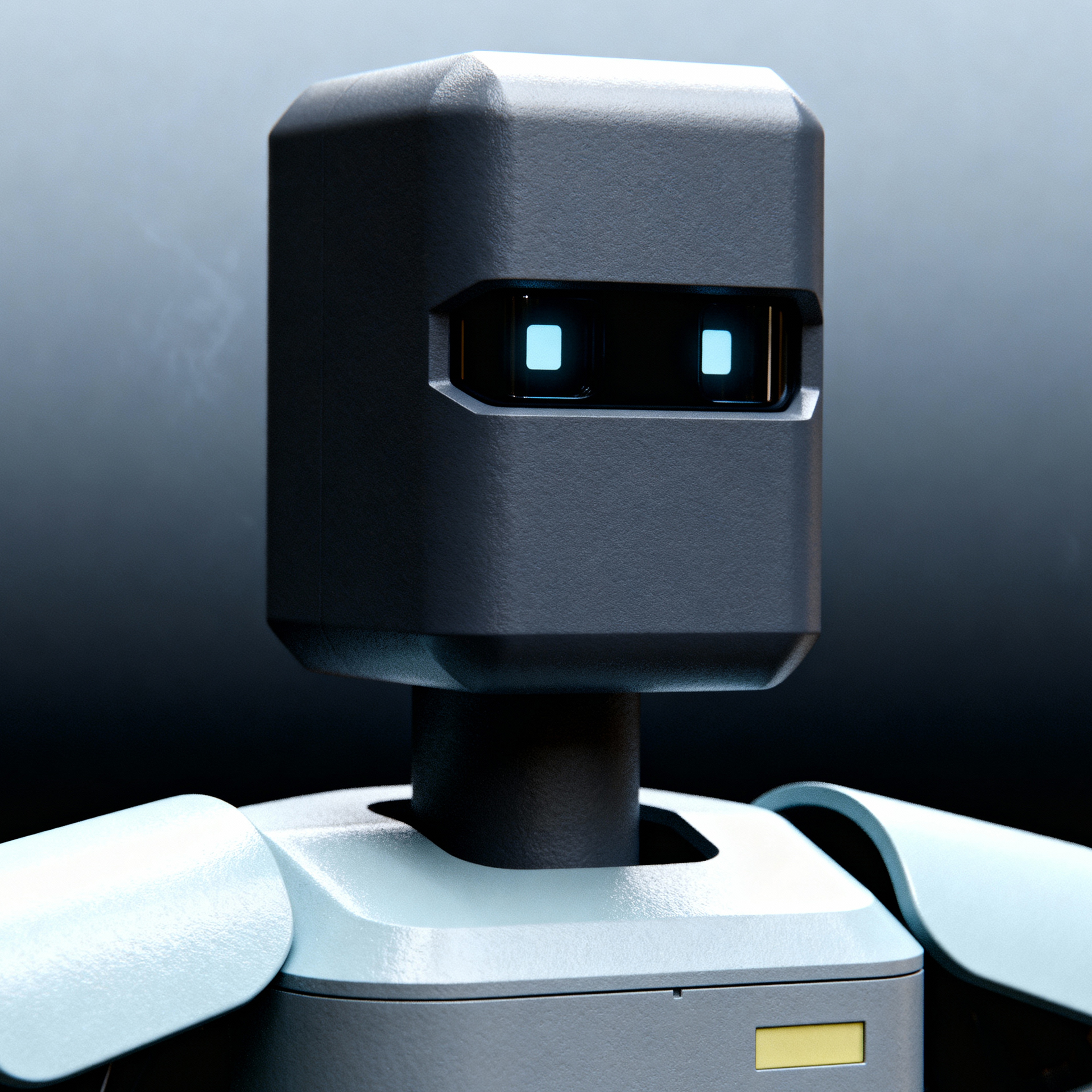 AI-generated portrait of a box-headed android with a rectangular face display and glowing square eyes, posed facing forward against a dark gradient background in soft directional light.