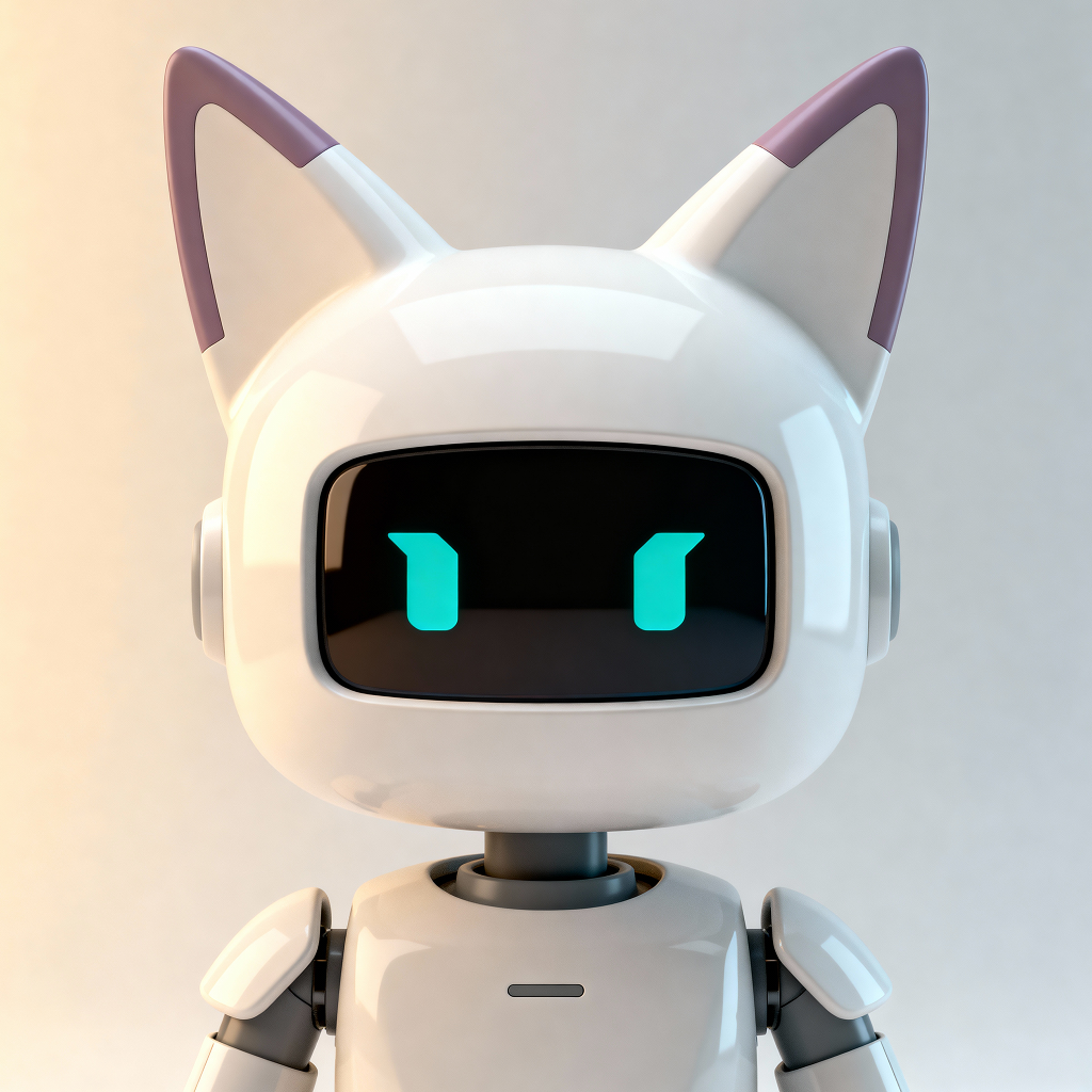 AI-generated portrait of a compact android with a rounded head, digital face screen, and ear-like antenna shapes, posed facing forward against a warm gradient background in diffused light.